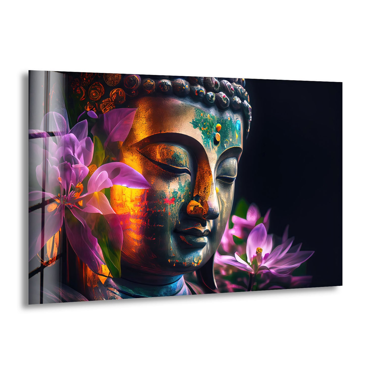 Vibrant Buddha Wall Art - Floral Enlightenment Glass Print for Home & Office Decor | Meditation Room & Yoga Studio Wall Hanging