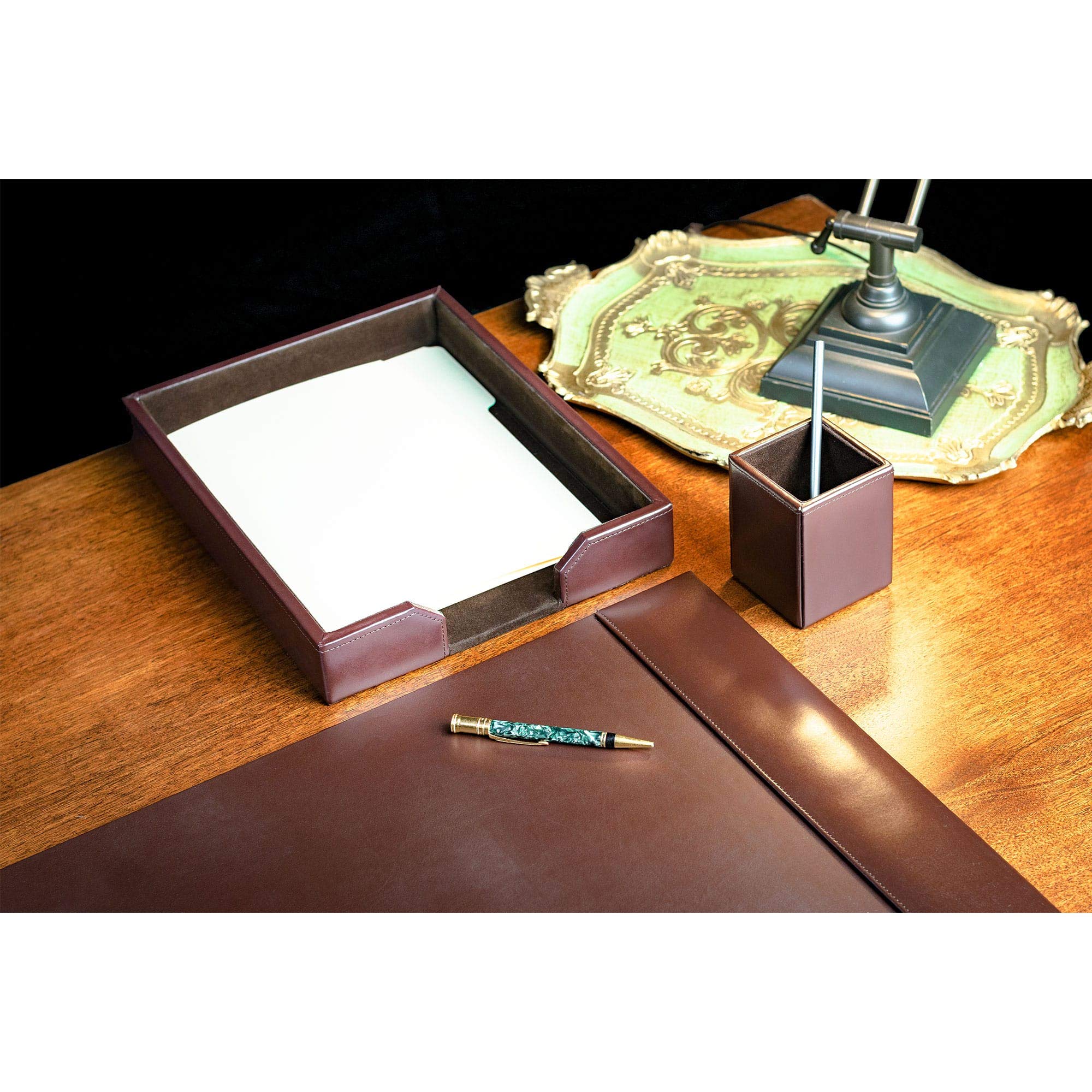 Premium 3-Piece Dark Brown Leather Desk Pad Set with Organizer | Luxurious Office Desk Accessories for Work & Home | Perfect for Professionals, Writers & Students
