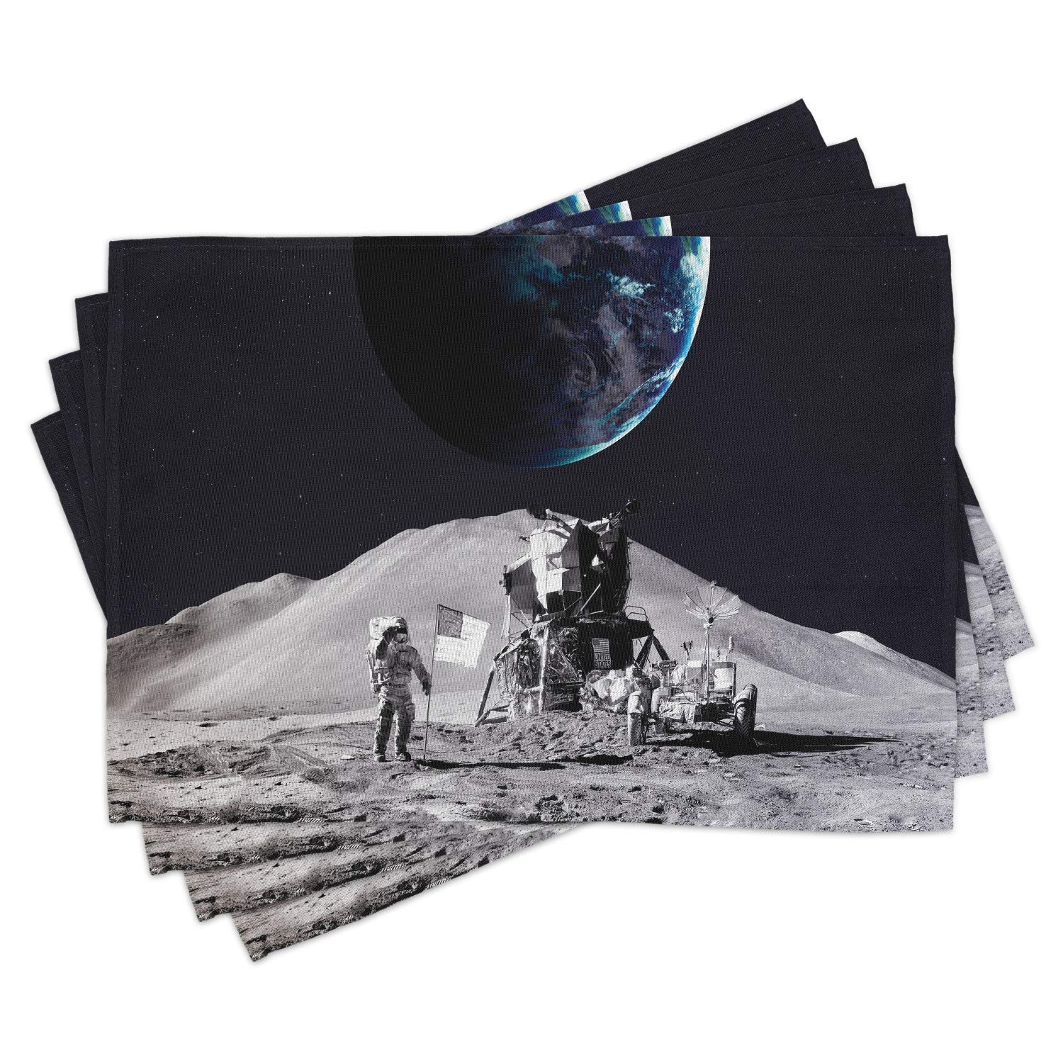 Ambesonne 4-Pack Outer Space Place Mats - Moon, Astronaut, Dark Matter Orbit Lunar Design - Washable Fabric Table Mats for Dining Room & Kitchen Decor - Grey & Blue - Perfect for Sci-Fi Themed Parties & Modern Home Decor