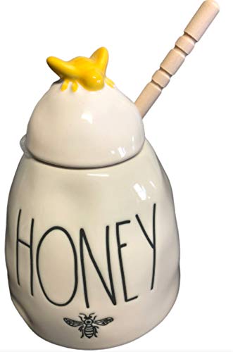 Rae Dunn by Magenta Honey Pot with Wooden Dipper - Yellow Bee Topper for Kitchen, Tea, Coffee & Home Decor | Cute Bee Icon Design for Honey Lovers