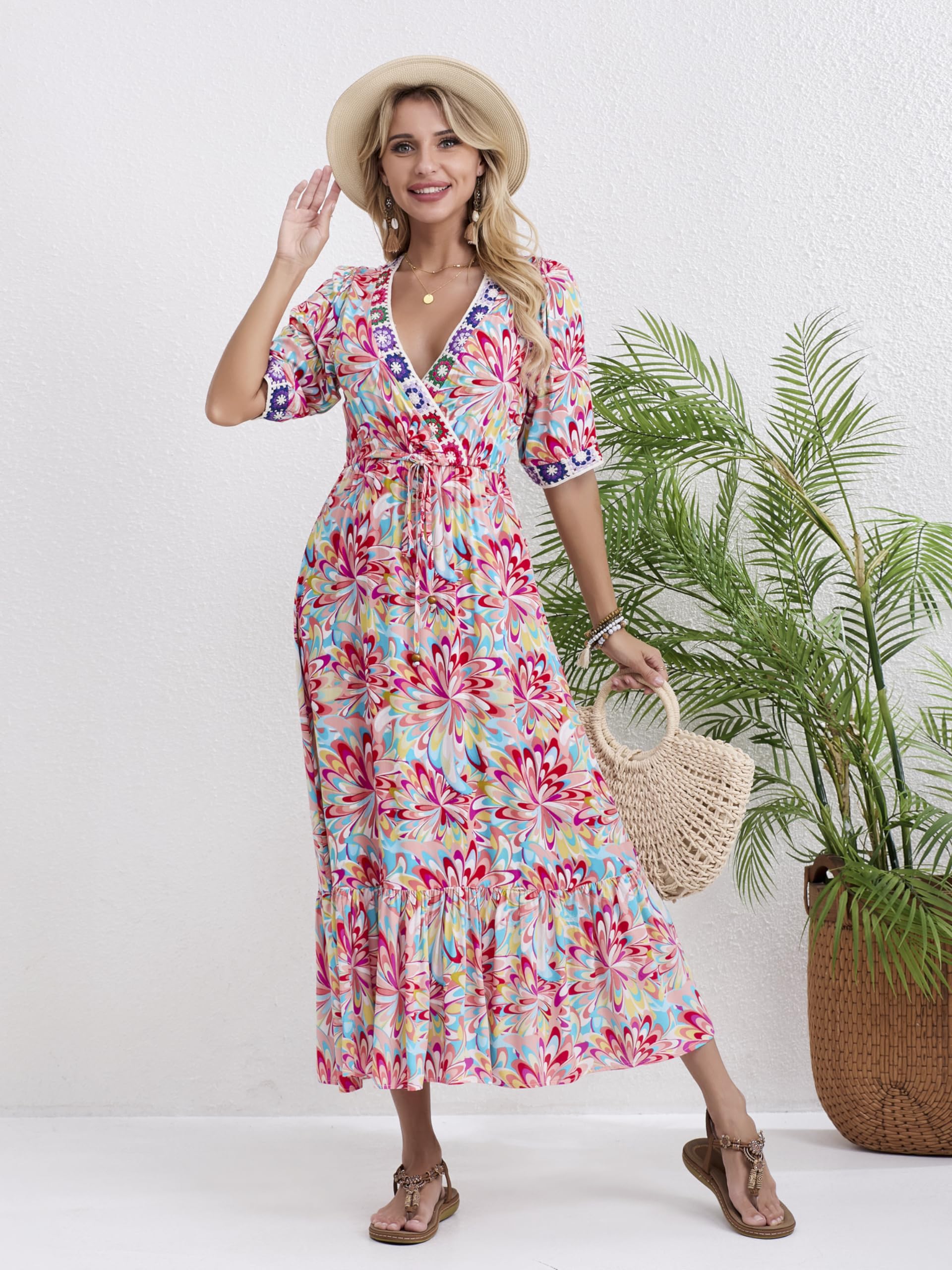 Women's Floral Print V-Neck Short Sleeve High Waist Bohemian Midi Dress - Perfect for Summer Casual Wear, Beach Vacation & Boho Chic Outfits