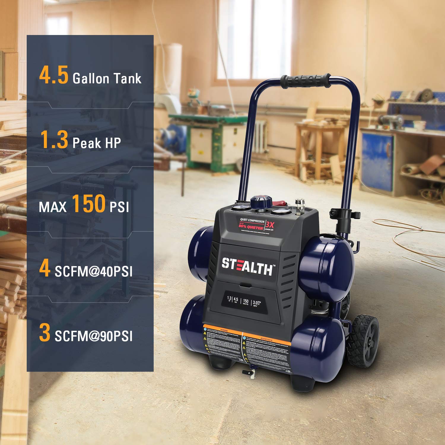 STEALTH Ultra Quiet Air Compressor - 64dB 4.5 Gallon 1.3HP Oil-Free Air Pump, 150 PSI Max, 3 CFM @ 90 PSI Portable Air Compressor with Wheels for Garage, Workshop, Construction Sites | Perfect for DIY Projects, Inflating Tires, and Powering Air Tools (Model SAQ-1413)