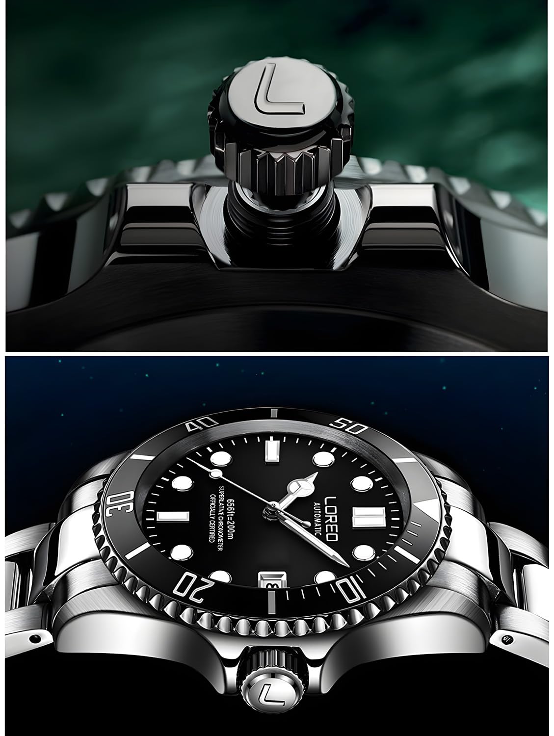 LOREO Men's Automatic Watch - Full Black Stainless Steel, Sapphire Glass, Rotating Bezel, Military Waterproof (200M) - Perfect for Diving, Outdoor Adventures & Everyday Wear