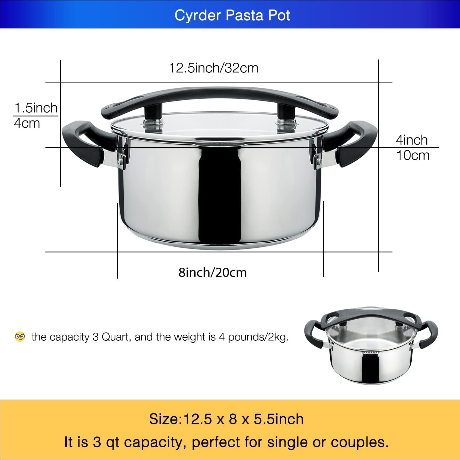 Premium Stainless Steel Pasta Pot with Strainer - 3 Quart Induction-Compatible Saucepan for Perfect Pasta Cooking - Ideal for Singles & Couples - Dishwasher Safe & Easy to Clean - Great for Home Cooking, Dinner Parties & Meal Prep