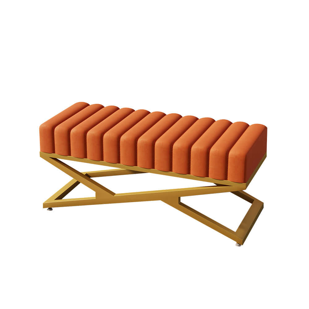 Modern Velvet Upholstered Bedroom Bench with Gold X Base - Orange Storage Ottoman for Bedroom, Living Room & Entryway - Perfect for Seating, Decor & Extra Storage