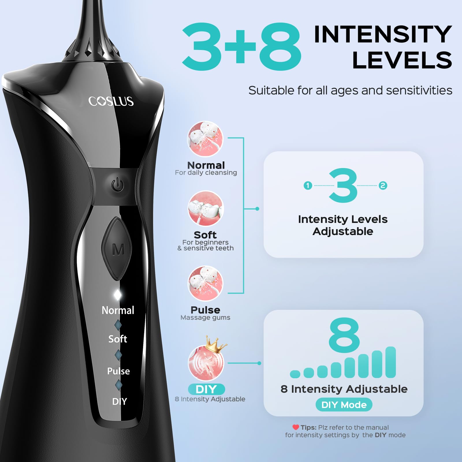 COSLUS Cordless Water Dental Flosser with 4 Cleaning Modes, 300ML Large Water Tank, IPX7 Waterproof - Portable Teeth Cleaner for Home & Travel (Black C30 Model FC5360) | Perfect for Braces Care, Gum Health and Fresh Breath Maintenance