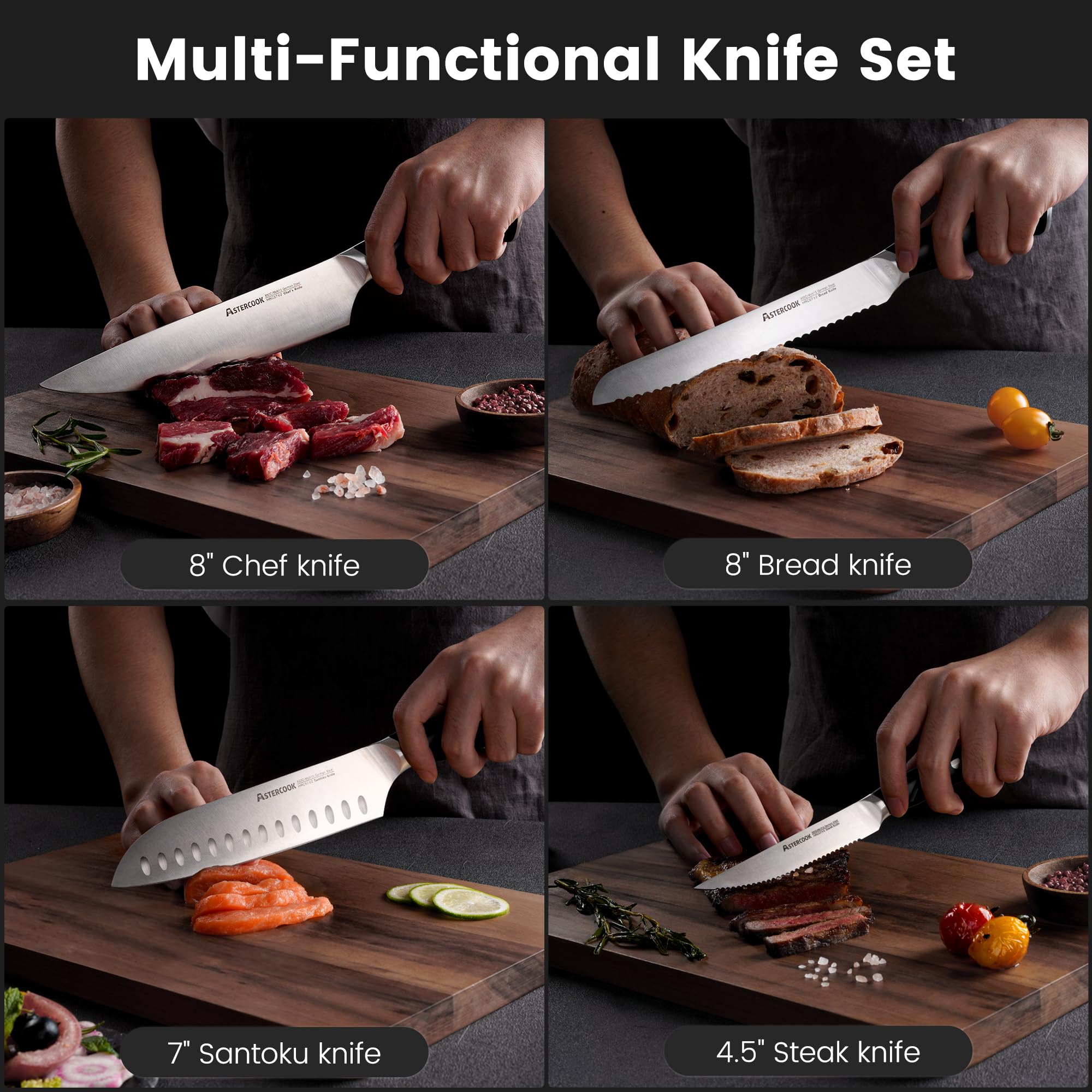Astercook 15-Piece German Steel Kitchen Knife Set - 1.4116 Stainless Steel, Rust Proof, Full Tang Knives with Ergonomic Nylon Handle, Dishwasher Safe - Perfect for Home Chefs, Cooking Enthusiasts & Professional Kitchens