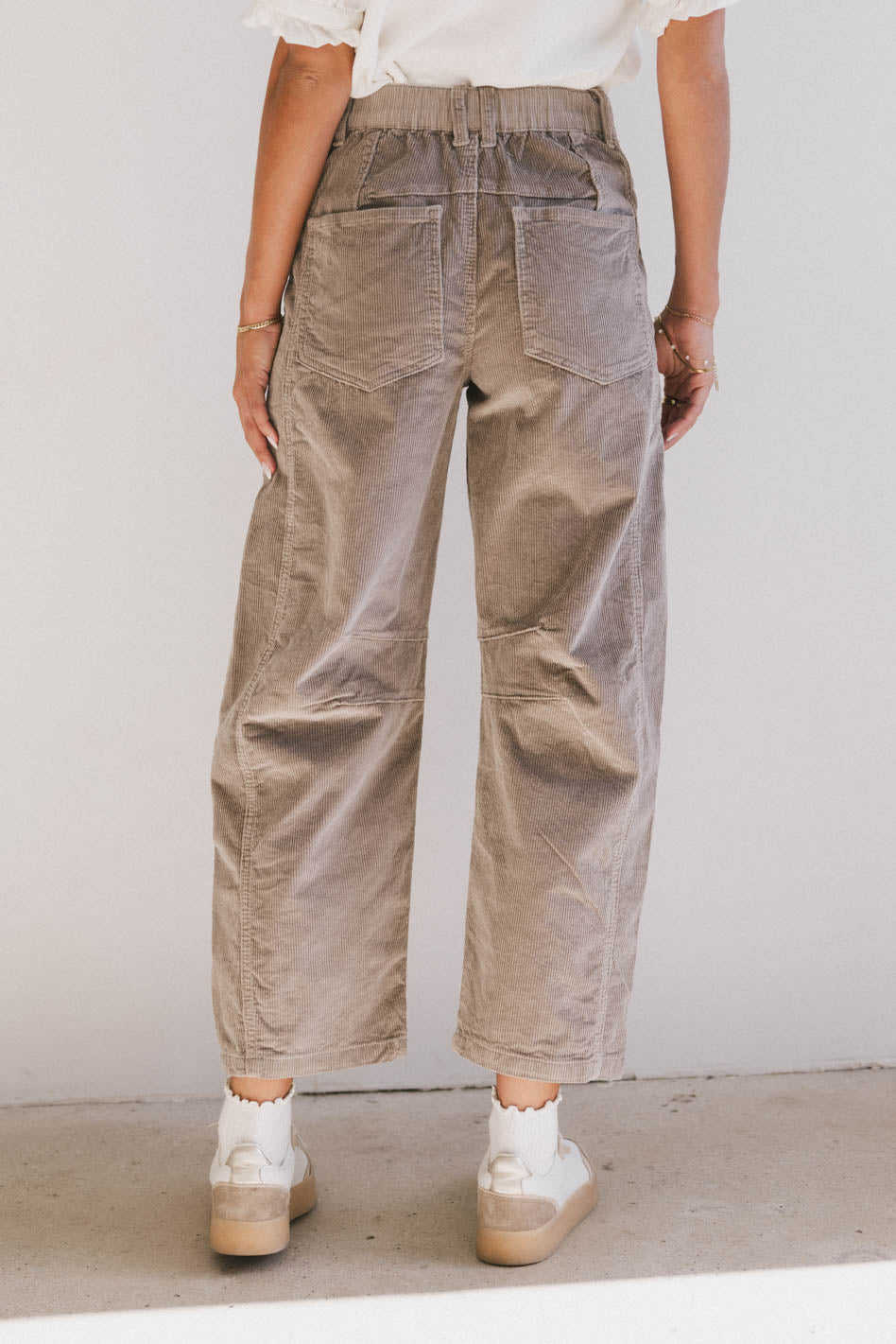 Lisette Women's Tan Corduroy Barrel Jeans - High Waisted Stretch Denim Pants for Casual & Work Wear - Final Sale