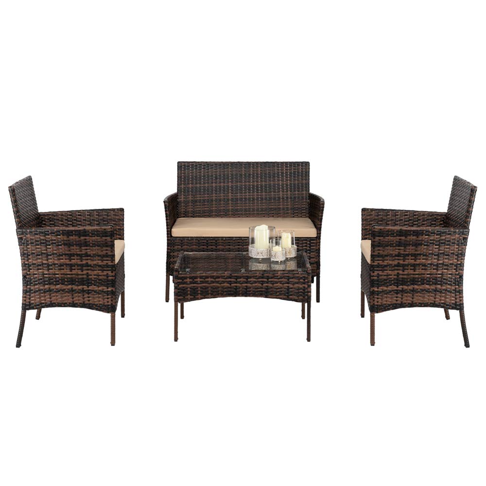 4-Piece Brown Wicker Patio Furniture Set - Outdoor Rattan Sofa with Coffee Table for Balcony, Poolside, Backyard, Porch & Garden - Perfect for Relaxing, Entertaining & Outdoor Conversations
