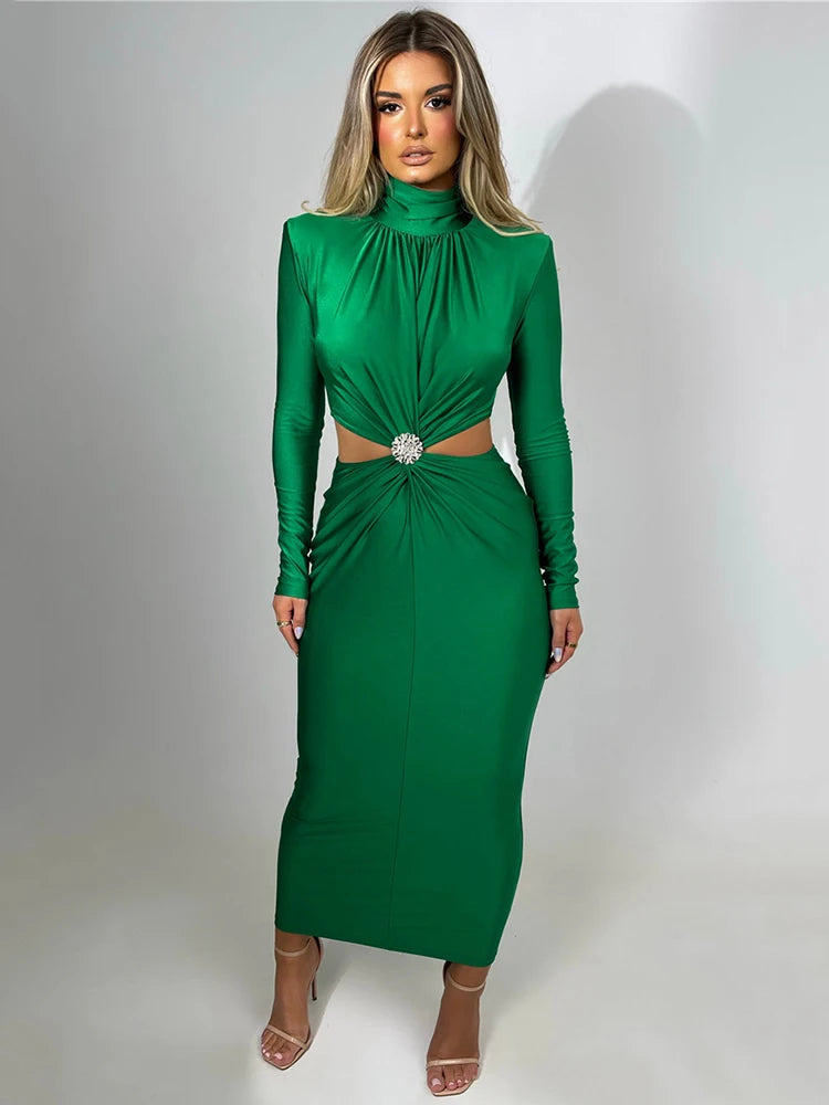 Elegant Hollow Out Sexy Maxi Dress for Women - Autumn Winter Turtleneck Long Sleeve Bodycon Dress for Club, Party & Evening Events | Perfect for Date Nights, Holiday Gatherings & Special Occasions