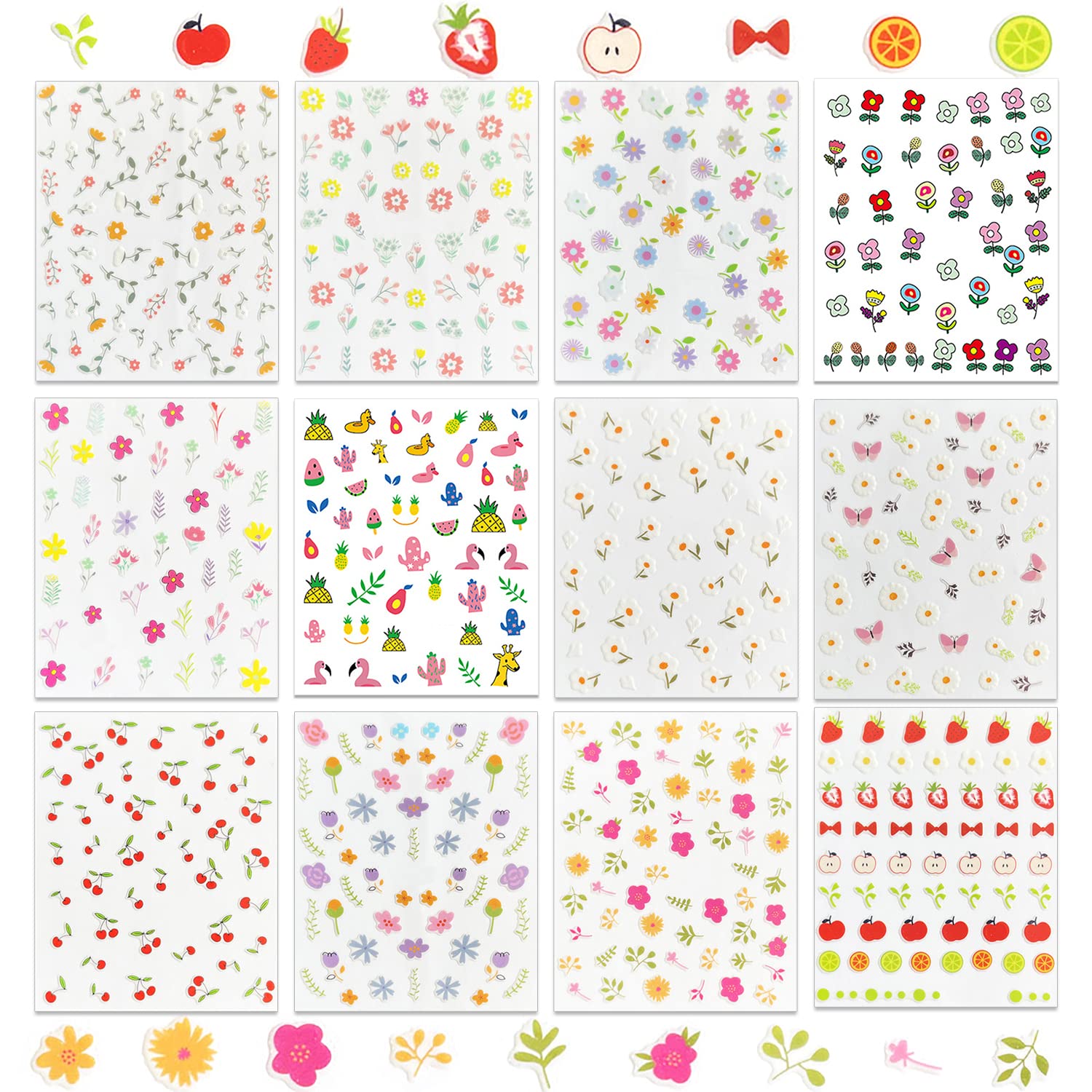 WOKOTO 12 Sheets Flower Nail Stickers for Kids - Cute Floral, Fruits & Cherry Nail Art Decals for Girls | Self-Adhesive Cartoon Nail Stickers | Perfect for Birthday Parties, Playdates & DIY Nail Art