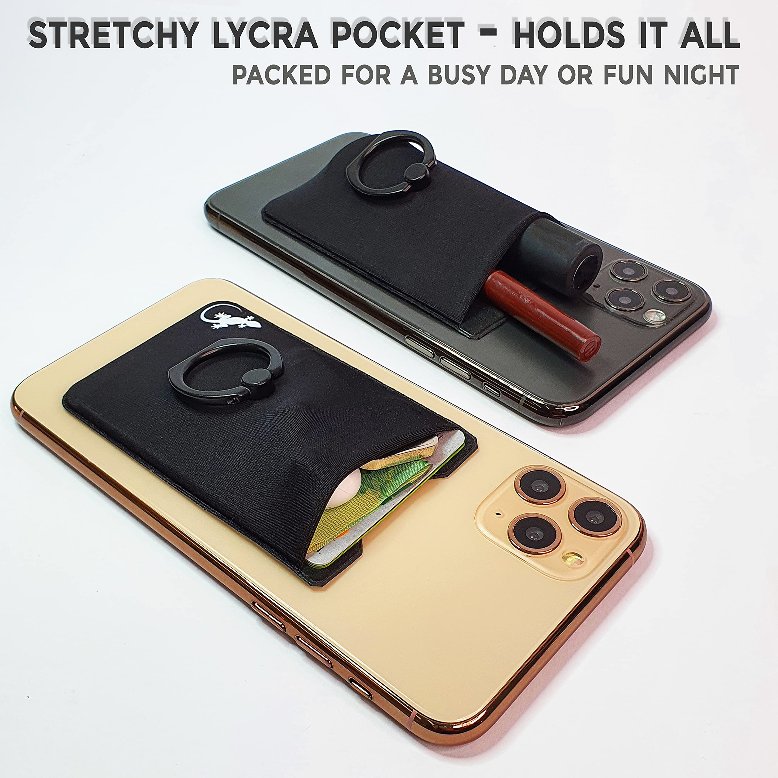 Universal Phone Card Holder with Gecko Ring - 2 Pack (White & Black Logos) - Finger Grip, Phone Ring Stand & Credit Card Sleeve for Secure Grip, Hands-Free Viewing & On-the-Go Convenience - Perfect for Travel, Work & Daily Use