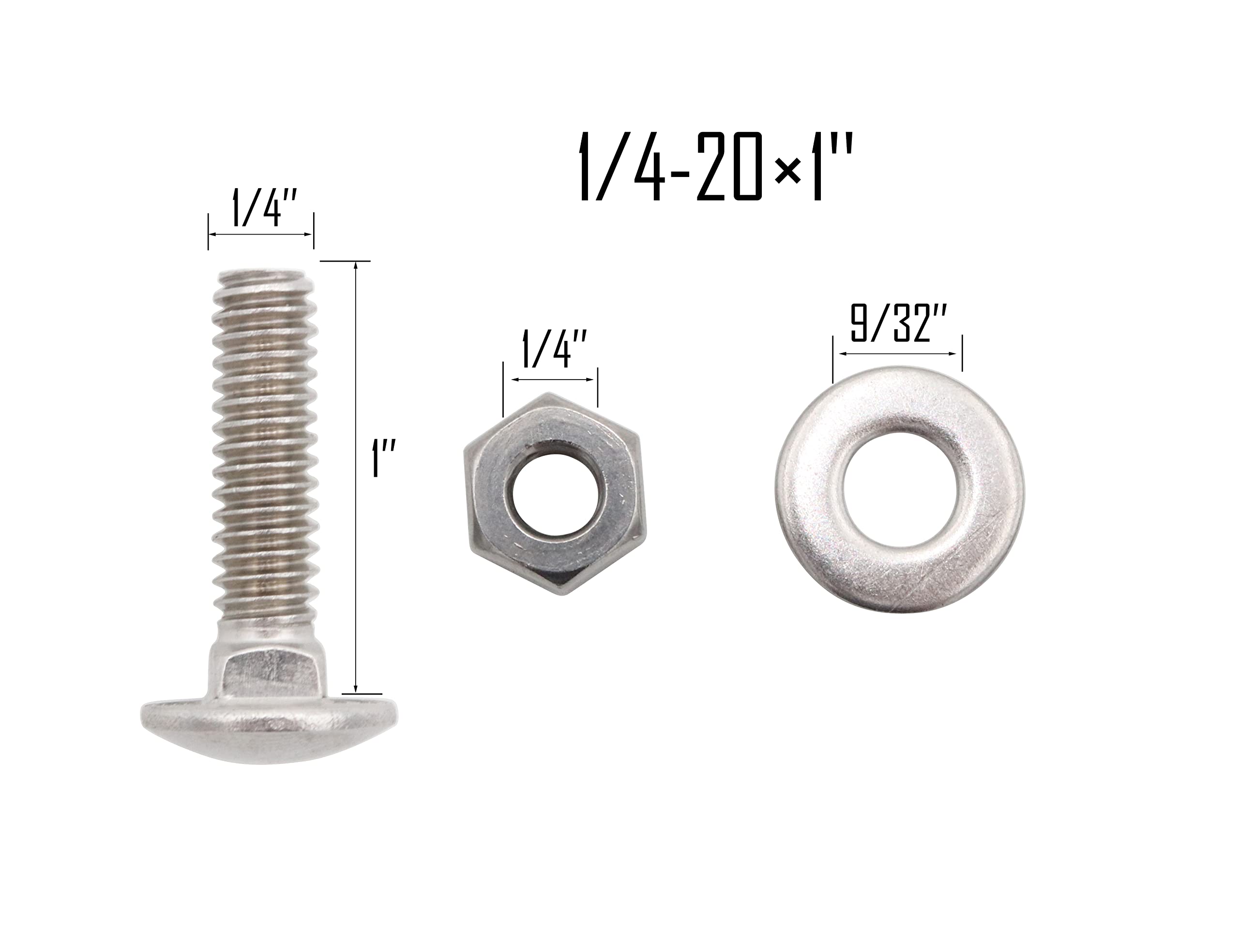 15 Sets 1/4-20 x 1'' Carriage Bolts with Hex Nuts & Washers - 304 Stainless Steel Round Head Square Neck Screws Assortment Kit for Automotive, Furniture & DIY Projects