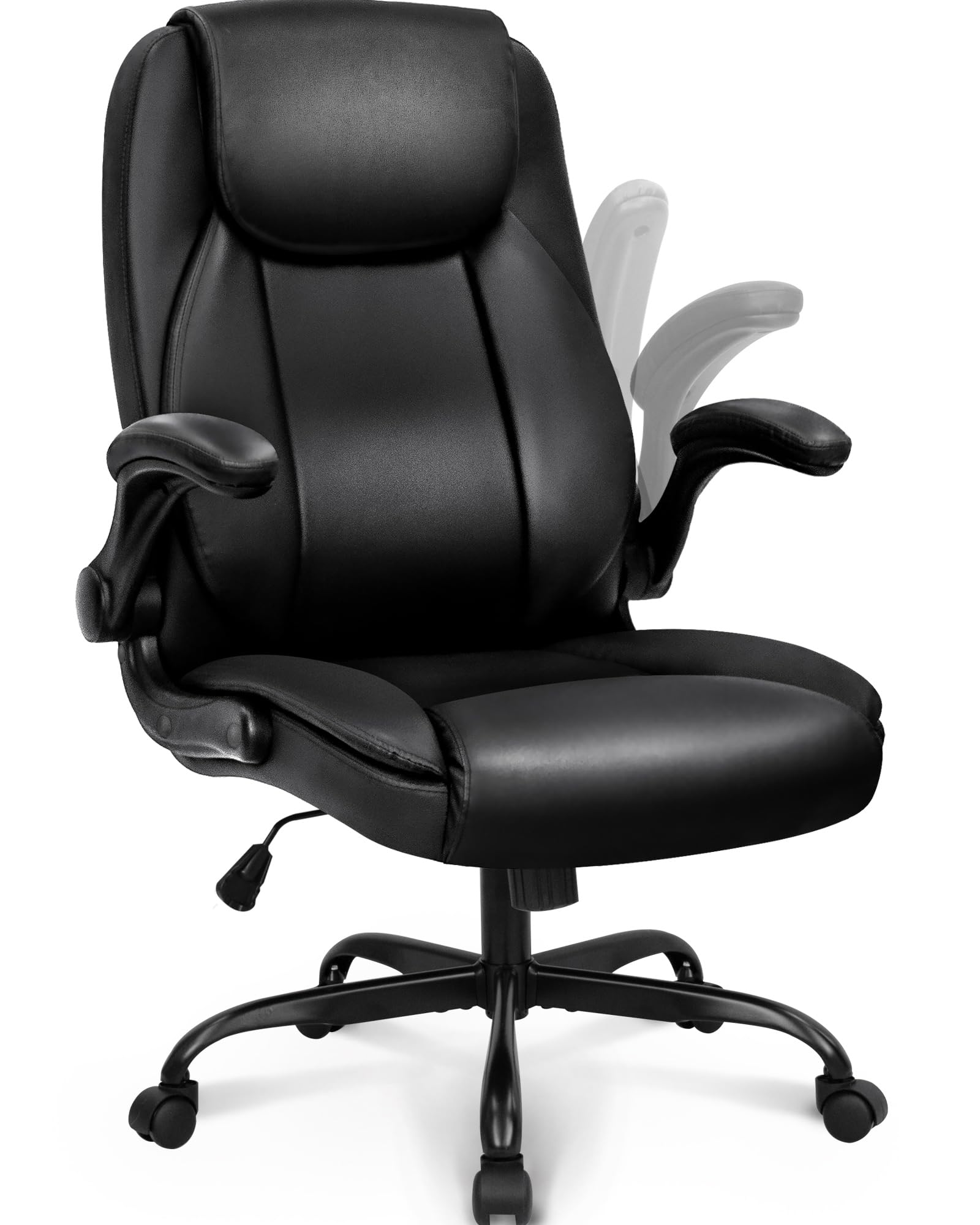 Ergonomic Office Chair with High Back - PU Leather Executive Computer Desk Chair, Adjustable Height, Flip-Up Armrests & Lumbar Support - Swivel Rolling Wheels for Home, Gaming & Office Use (Black)