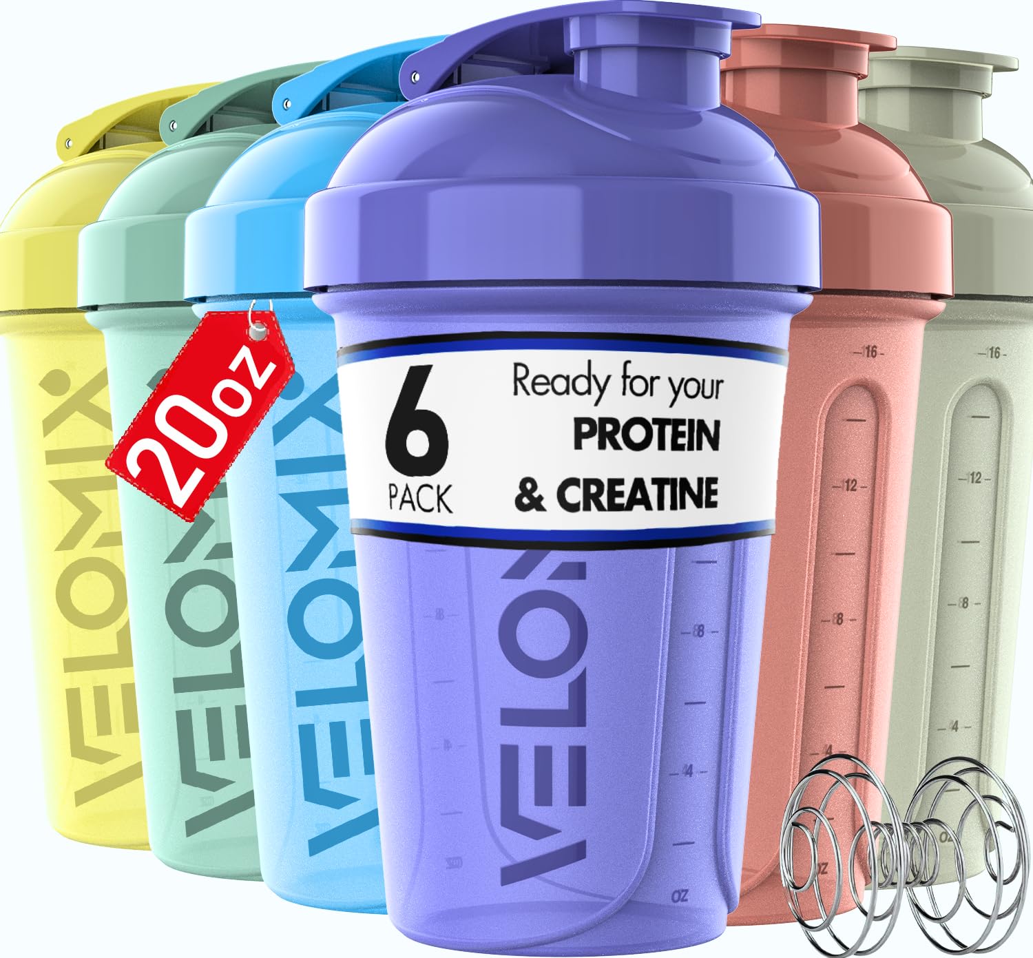 6 Pack Pastel Protein Shaker Bottles - 20oz Leak-Proof Mixing Cups for Protein Shakes, Workout Drinks & Meal Replacement - Gym, Fitness & Travel Essentials (Assorted Colors)