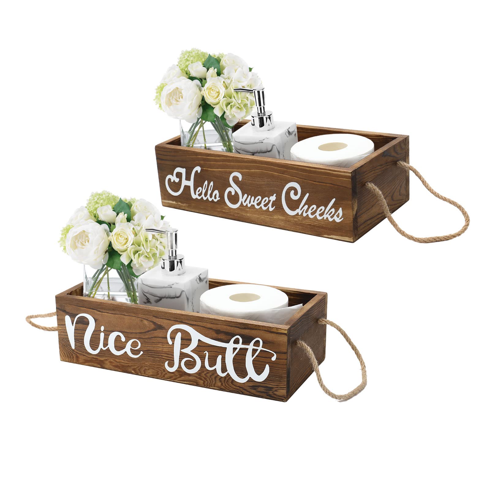 Farmhouse Rustic Wooden Bathroom Decor Box with Funny Saying Toilet Paper Holder - Storage Tray for Bathroom, Kitchen Counter & Home Organization - Perfect for Farmhouse, Cottage & Vintage Style Decor