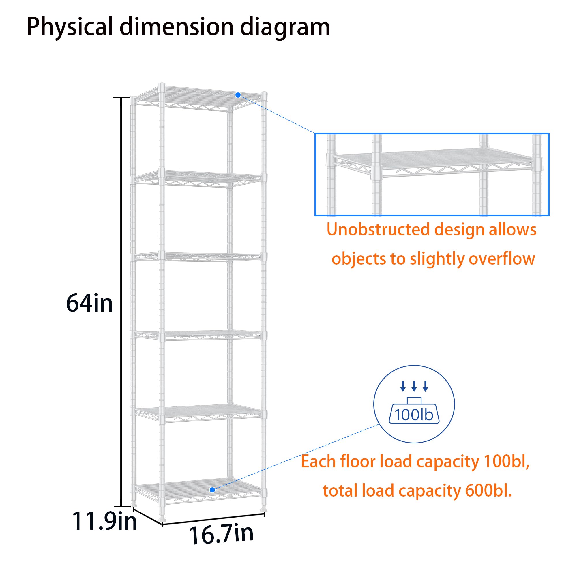 REGILLER 6-Tier Adjustable Steel Wire Shelving Unit - Heavy Duty Storage Rack for Laundry, Bathroom, Kitchen, Pantry & Closet Organization (16.7