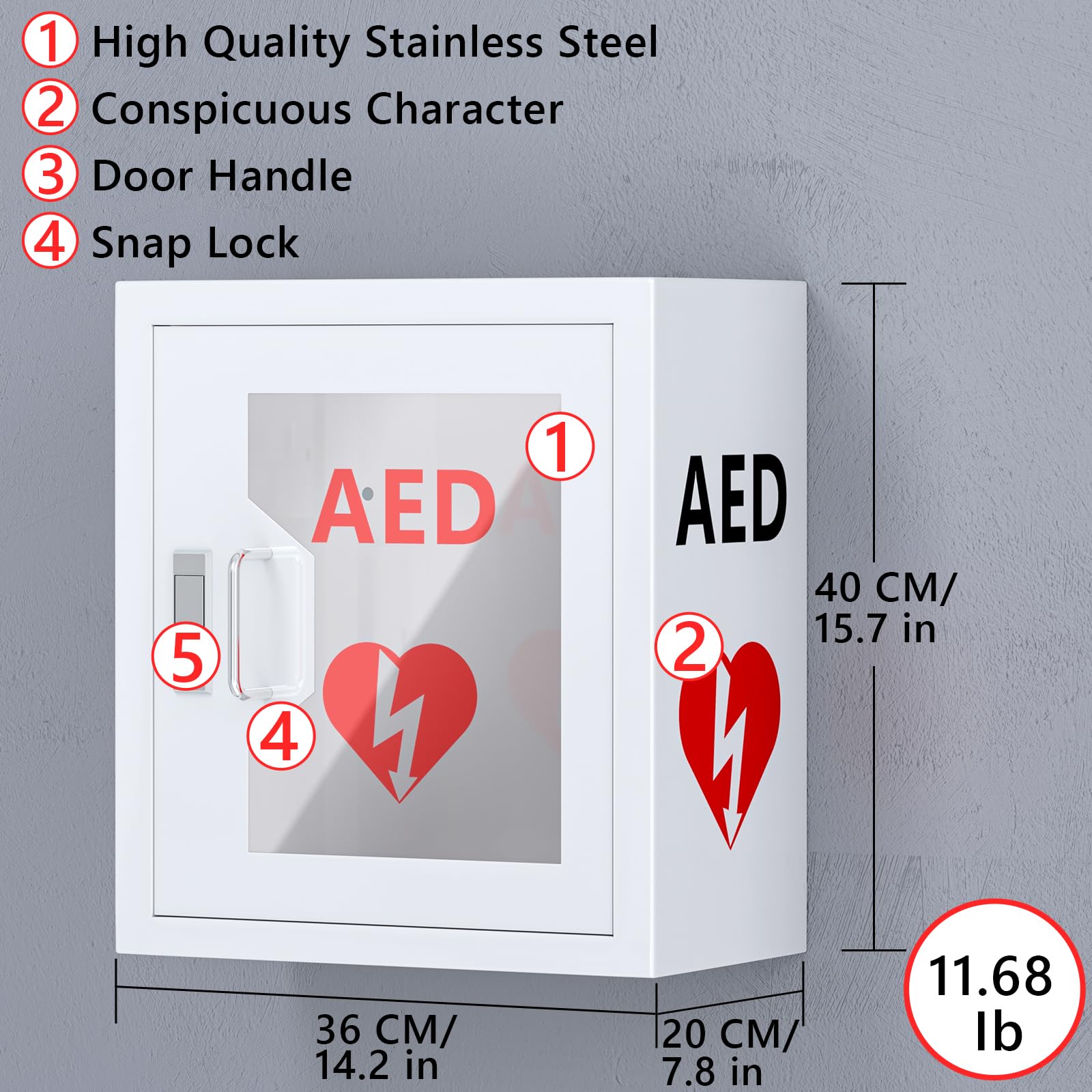 Wall Mount AED Defibrillator Cabinet - 14.2x7.8x15.7 Inch Steel Storage with Snap Lock - Universal Fit for All AED Brands - Perfect for Hospitals, Schools & Public Safety Locations
