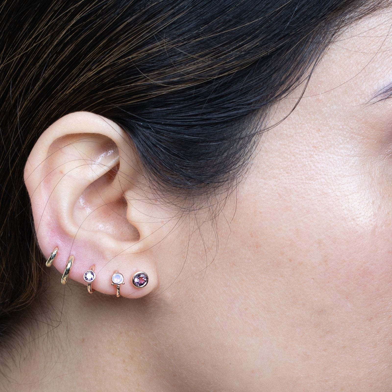14K Rose Gold Amethyst Huggie Hoop Earrings for Women - Dainty Everyday Jewelry, Perfect for Work, Date Night & Special Occasions