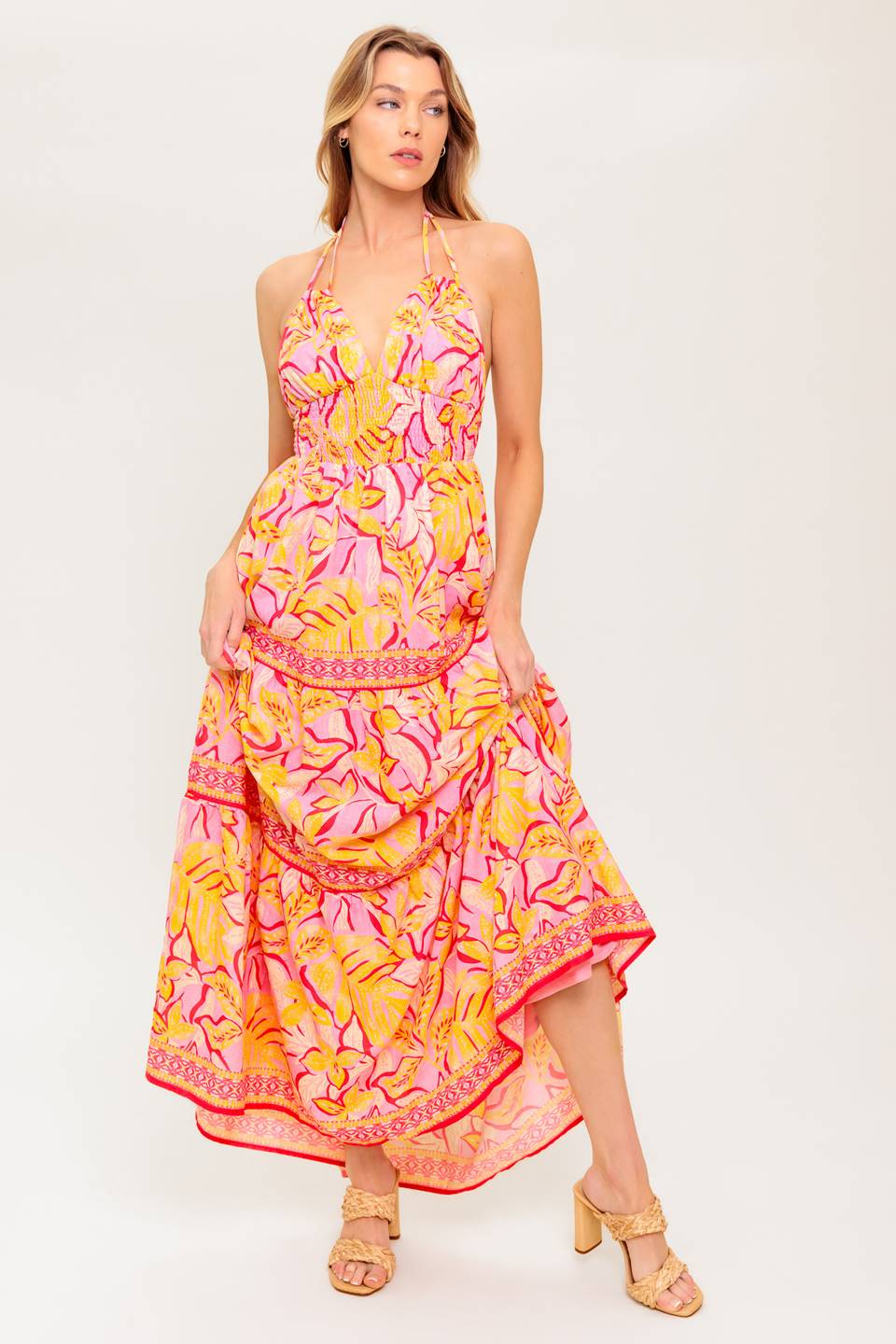 Gracie Tropical Maxi Dress for Women - Flowy Summer Beach Dress with Floral Print, Long Sleeve Boho Dress for Vacation, Pool Party & Outdoor Events