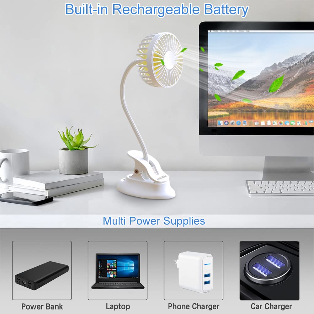 Clip on Fan Small Mini Fan - USB Rechargeable Portable Fan with 3 Speeds & Flexible Neck, Battery Powered Personal Desk Fan for Baby Stroller, Office, Car, Dorm, Camping & Beach - White | Perfect for Home, Travel & Outdoor Activities