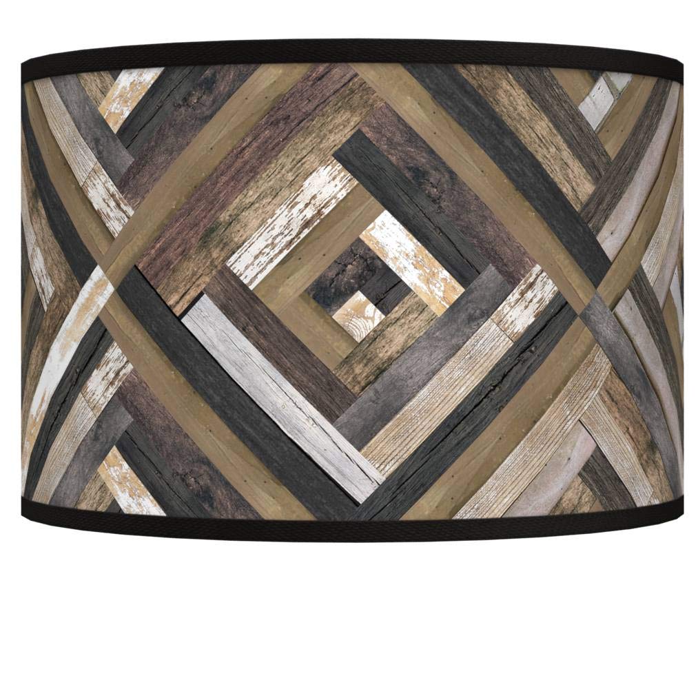Giclee Drum Print Lamp Shade - Woodwork Diamonds Design in Gray & Brown - 12