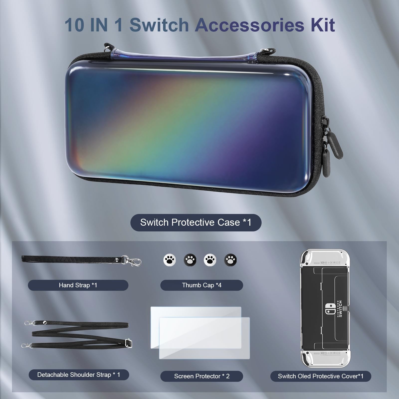 Belle&Birdie Protective Carrying Case for Nintendo Switch OLED - 10-in-1 Accessories Bundle with Waterproof Cover, Game Holder, Screen Protector, Thumb Grips & Strap | Portable Travel Protection for Gaming On-The-Go, Commuting & Outdoor Adventures