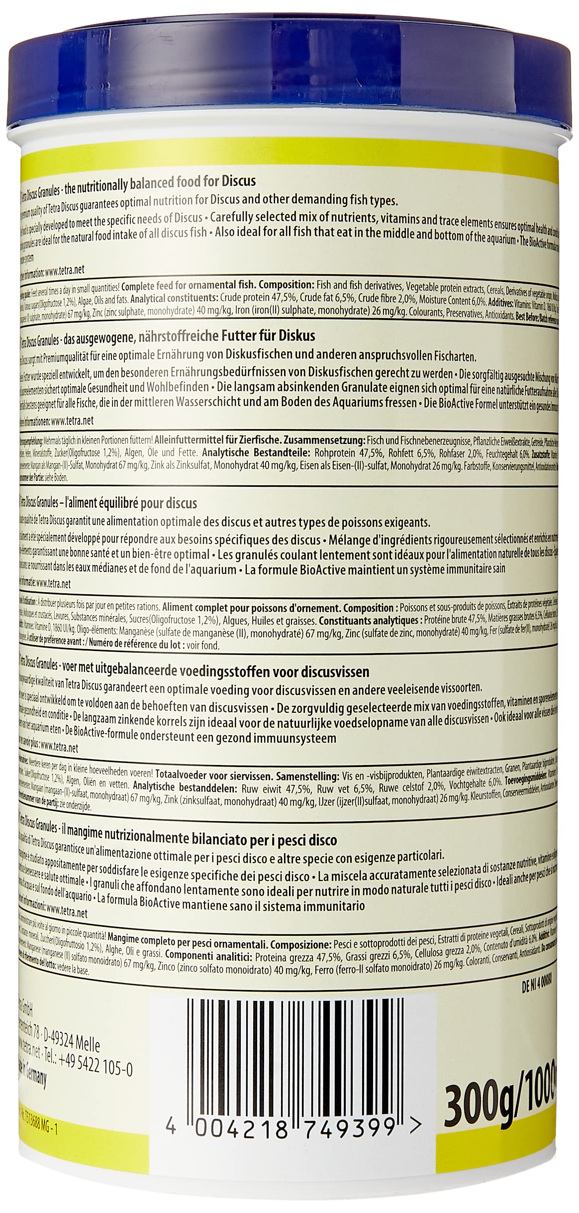 Premium Tetra Discus Fish Food - Complete Balanced Nutrition for Mid-Water & Bottom-Feeding Tropical Fish - 1 Liter (33.8 oz) - Ideal for Discus, Angelfish & Community Aquariums