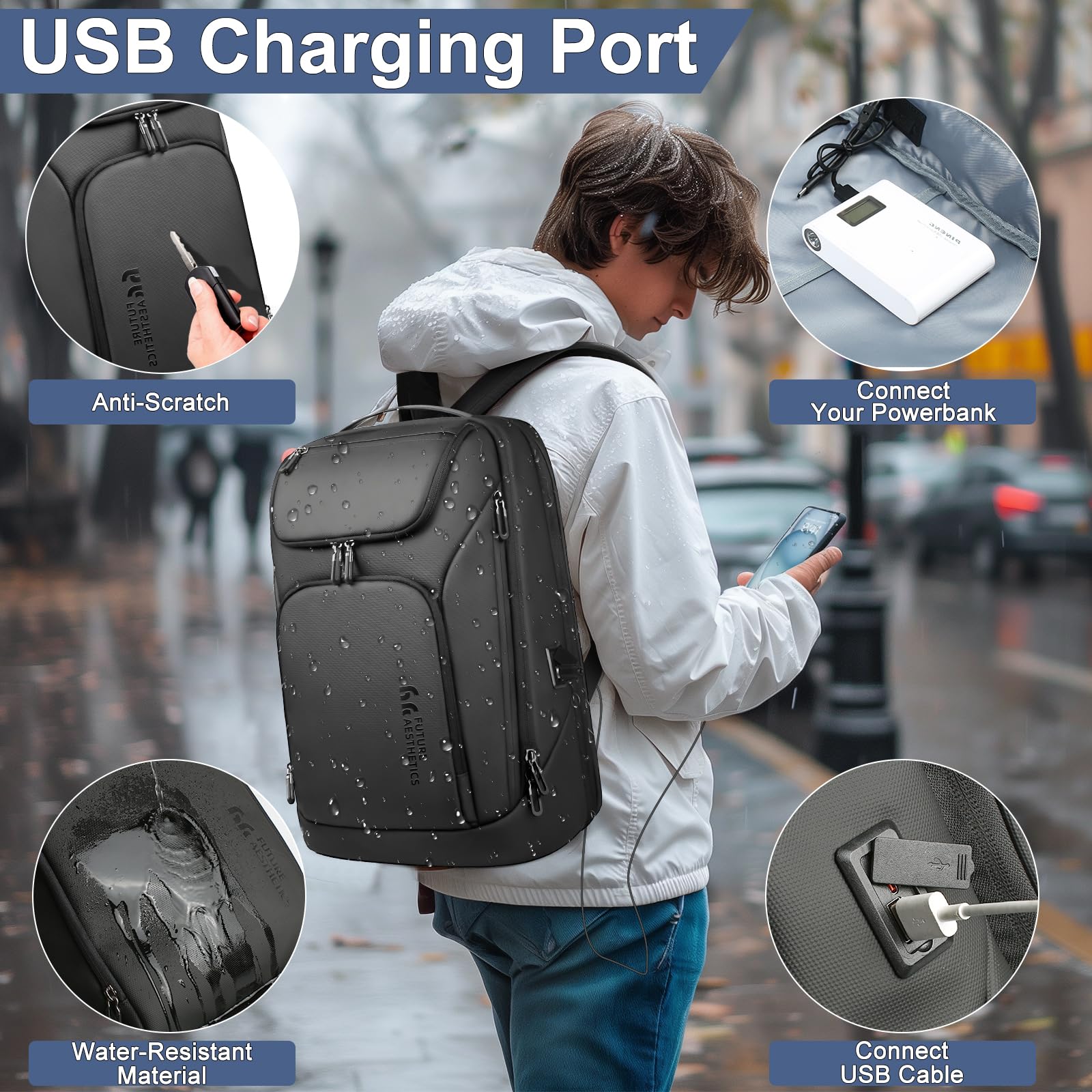 Anti-Theft Business Smart Backpack for Men - 17.3 Inch Laptop Backpack with USB Charging Port, Water-Resistant & Durable 30L Travel Backpack for College, Work & Commuting - Black