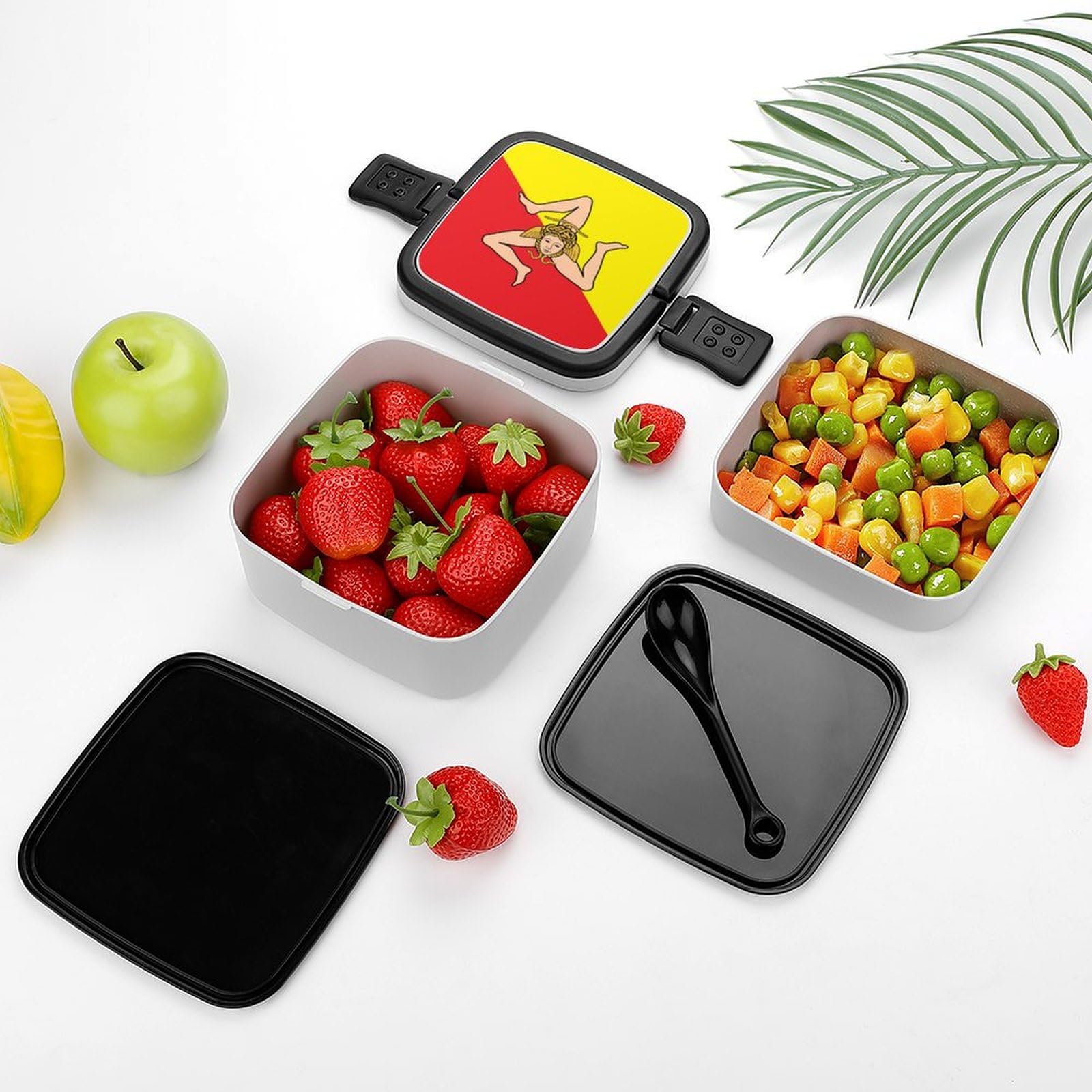 Sicily Flag Bento Box - Double Layer Stackable Lunch Box for Adults with Spoon - Leakproof Travel Food Container for Office, School & Picnic