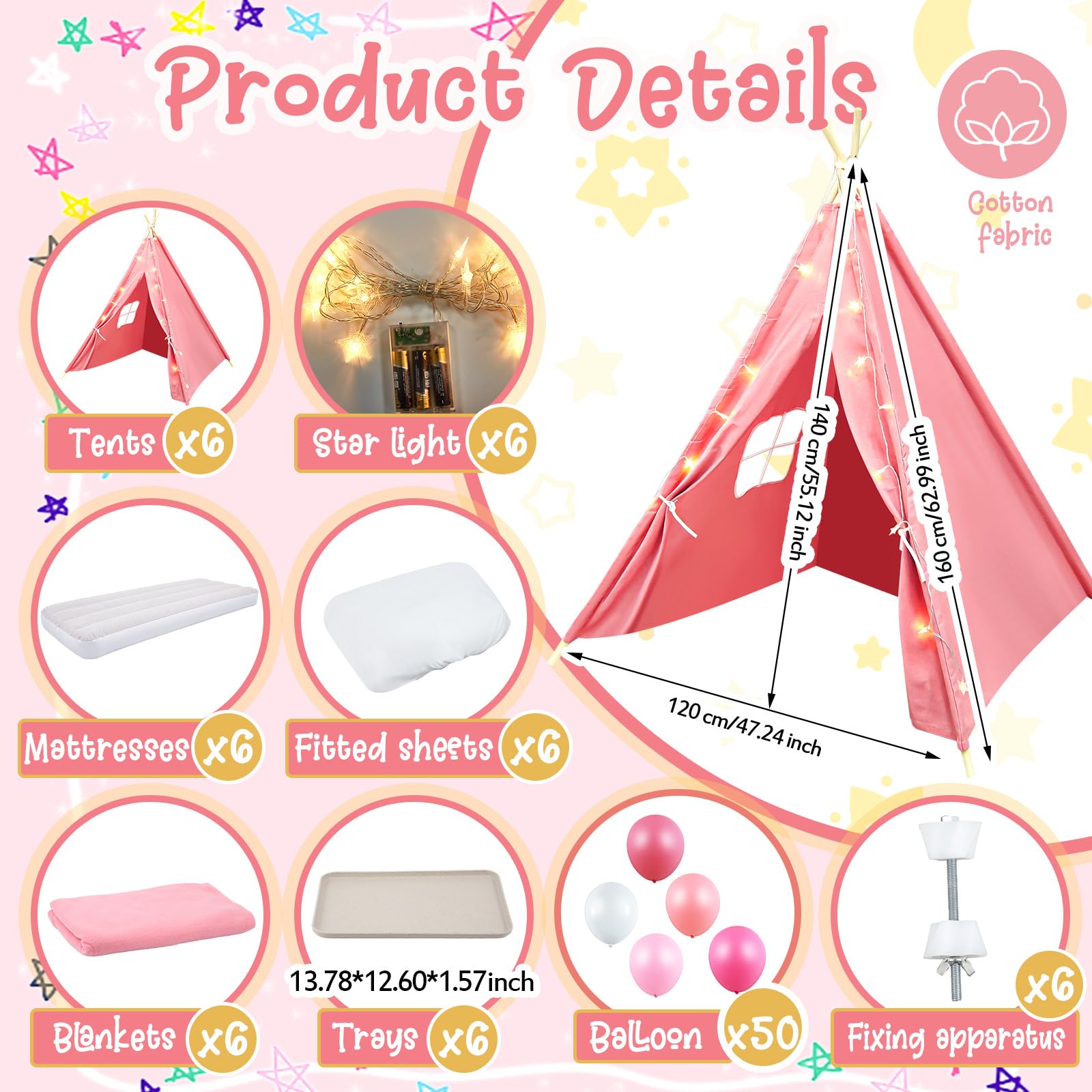 Windyun 6 Pack Kids Teepee Tent Set with LED Lights & Inflatable Air Mattress - 100% Natural Cotton Washable Play Tent for Boys & Girls - Perfect for Indoor Outdoor Playdates, Slumber Parties & Birthday Gifts (Pink)