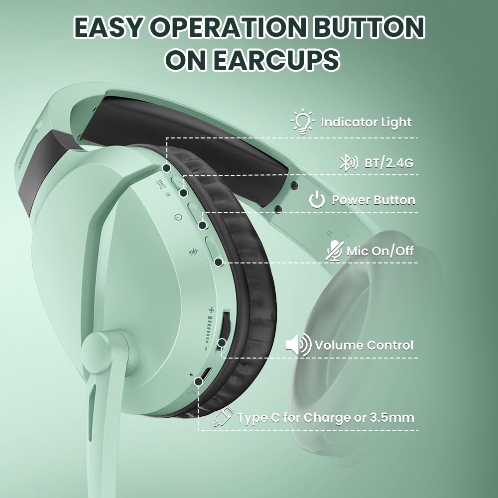 Wireless Gaming Headset with Noise Canceling Mic for PS5, PC, PS4 - 2.4G/Bluetooth Headphones with USB-C & Wired Controller Mode (Green) | Perfect for Competitive Gaming & Online Chat