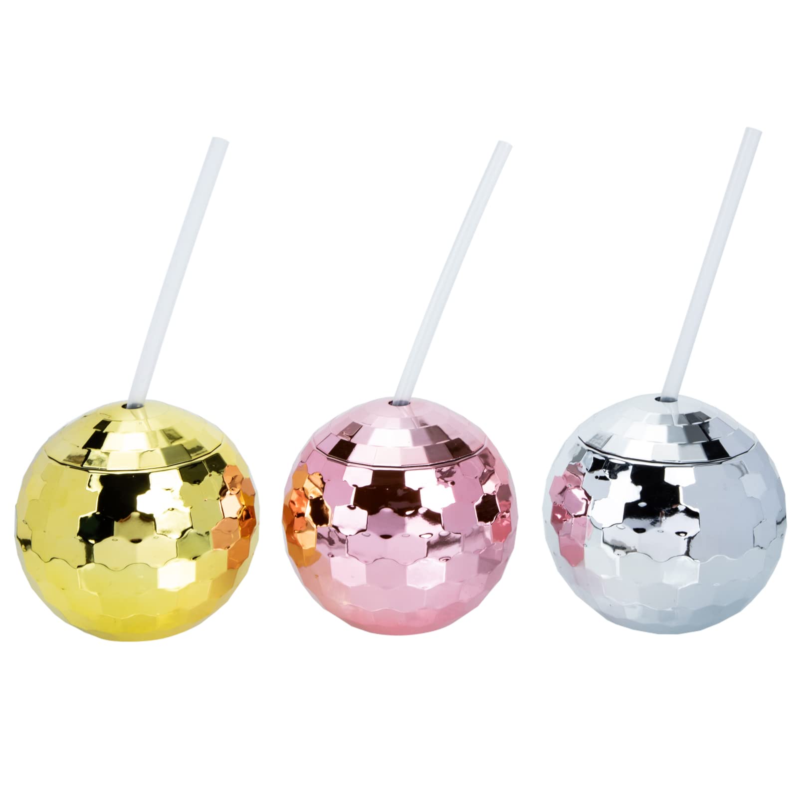 DOITOOL 3-Pack Disco Flash Ball Cocktail Cups with Straw & Lid - Glow in The Dark Party Cups for Wine, Cocktails & Coffee - Perfect for Nightclub, Bar, Birthday & Wedding Party Supplies - Fun Decorative Drinking Cups for LED Dance Parties & Themed Events