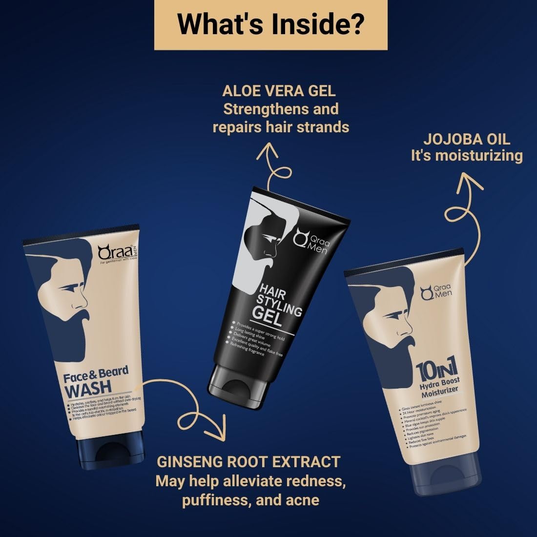 Qraa Men's Winter Skincare Gift Set - 3-Pack Face & Beard Wash, 10-in-1 Hydrating Moisturizer, Styling Gel (100g Each) for Glowing Skin | Perfect for Dry Winter Care & Grooming Routine | Great Holiday Gift for Men