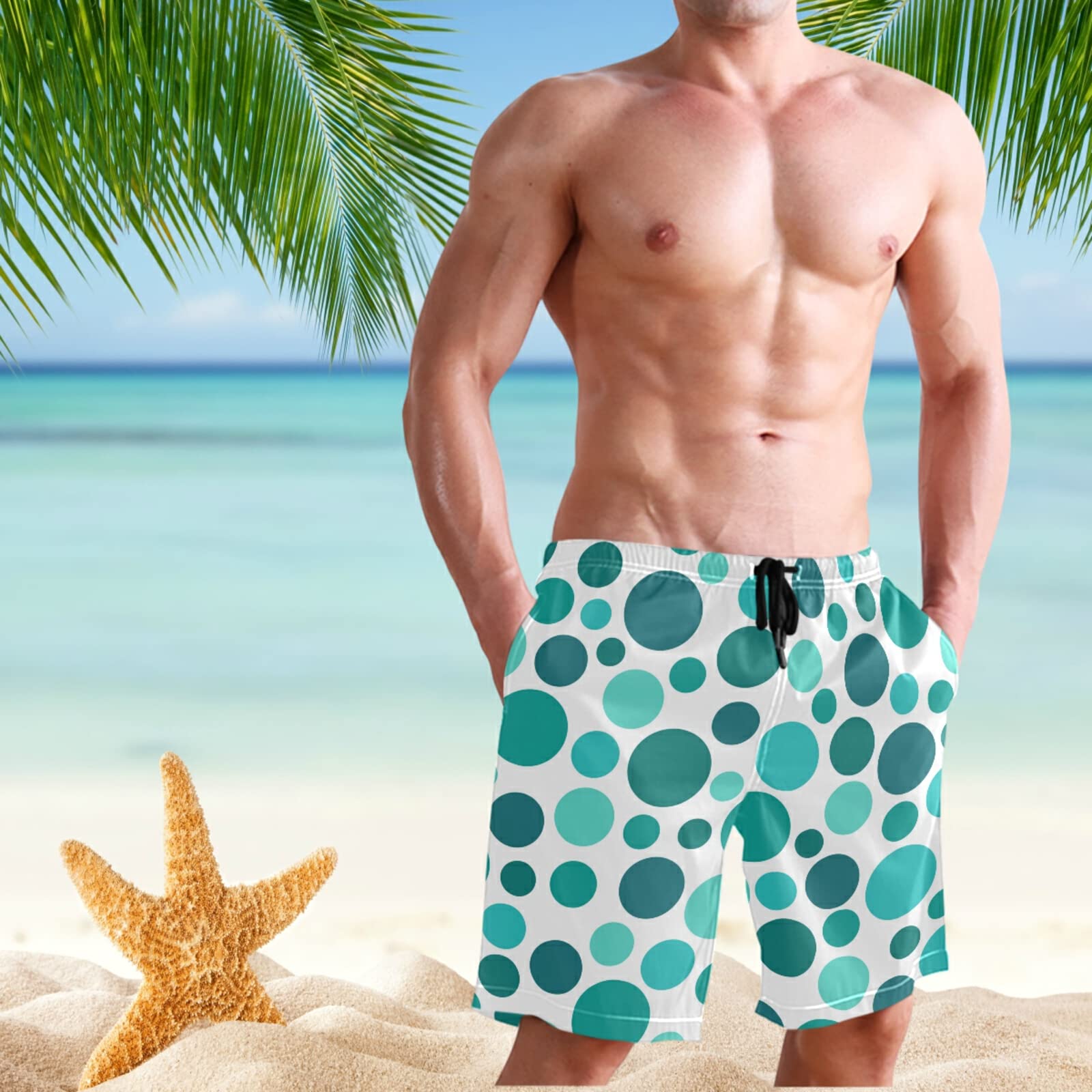 **Men's Quick Dry Swim Trunks - Turquoise Polka Dot Beach Shorts with Pockets, XL | Perfect for Swimming, Surfing & Summer Vacations**
