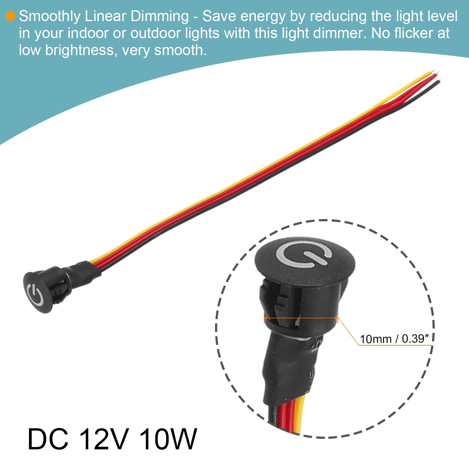 12V DC Touch Dimmer Switch - 10mm Snap-in Mount Black for LED Strip Lights - Perfect for Home, Office, and Car Lighting Control
