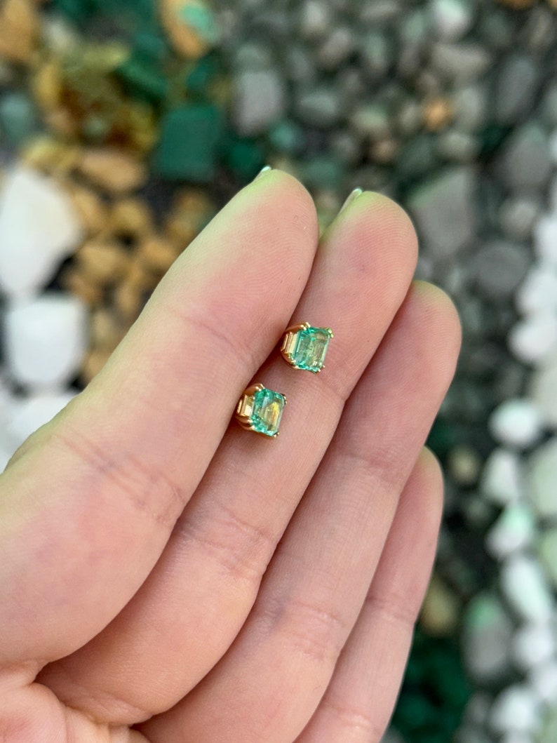 1.73tcw 14K Gold Vivid Electric Green Emerald Asscher Cut Stud Earrings - Double Claw Prong Setting for Secure Wear | Perfect for Weddings, Parties & Everyday Elegance