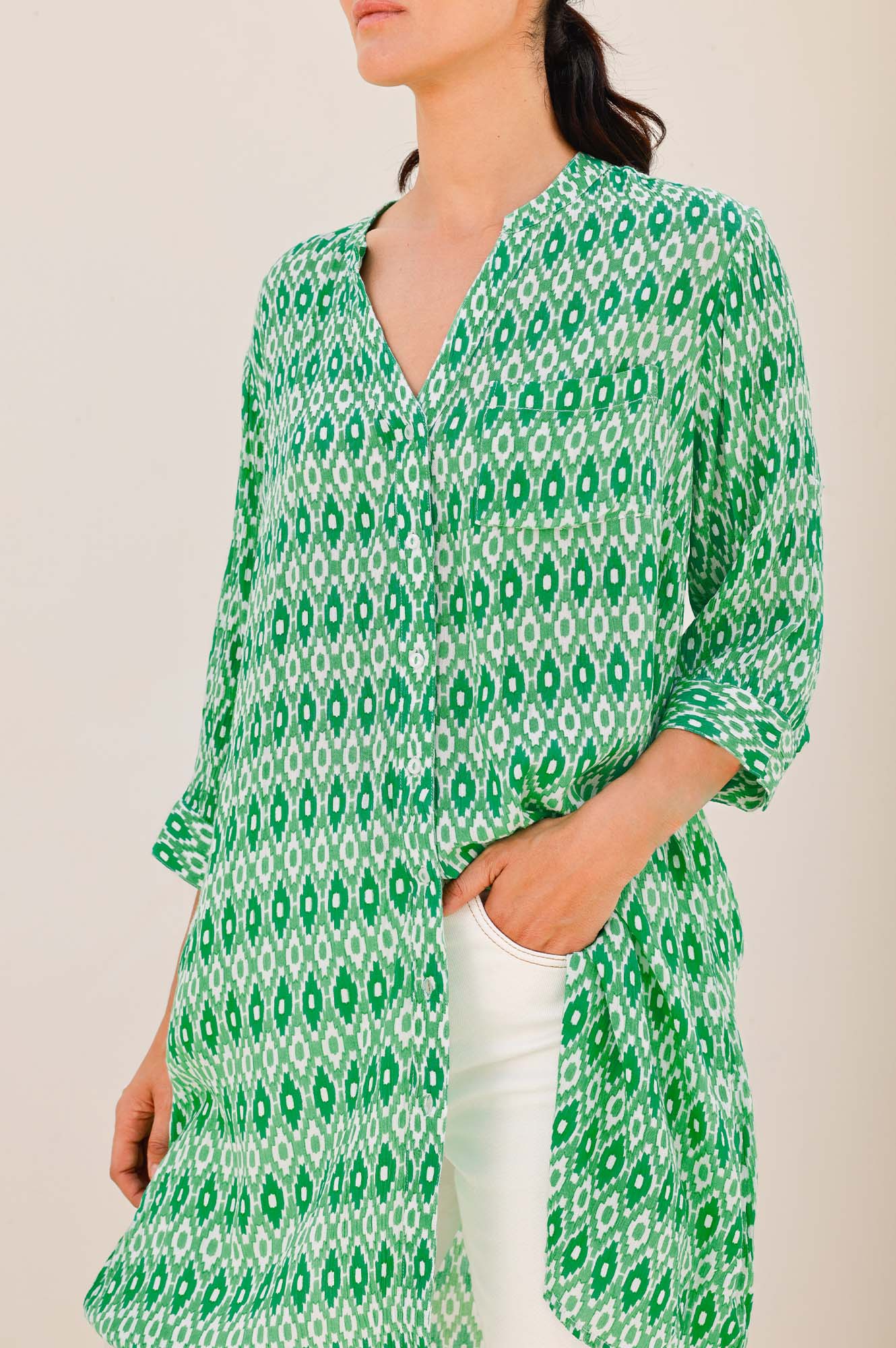 Mila Shirt Tunic for Women - Aztec Green & White Bohemian Style Blouse - Perfect for Casual Outings, Workwear & Summer Vacations