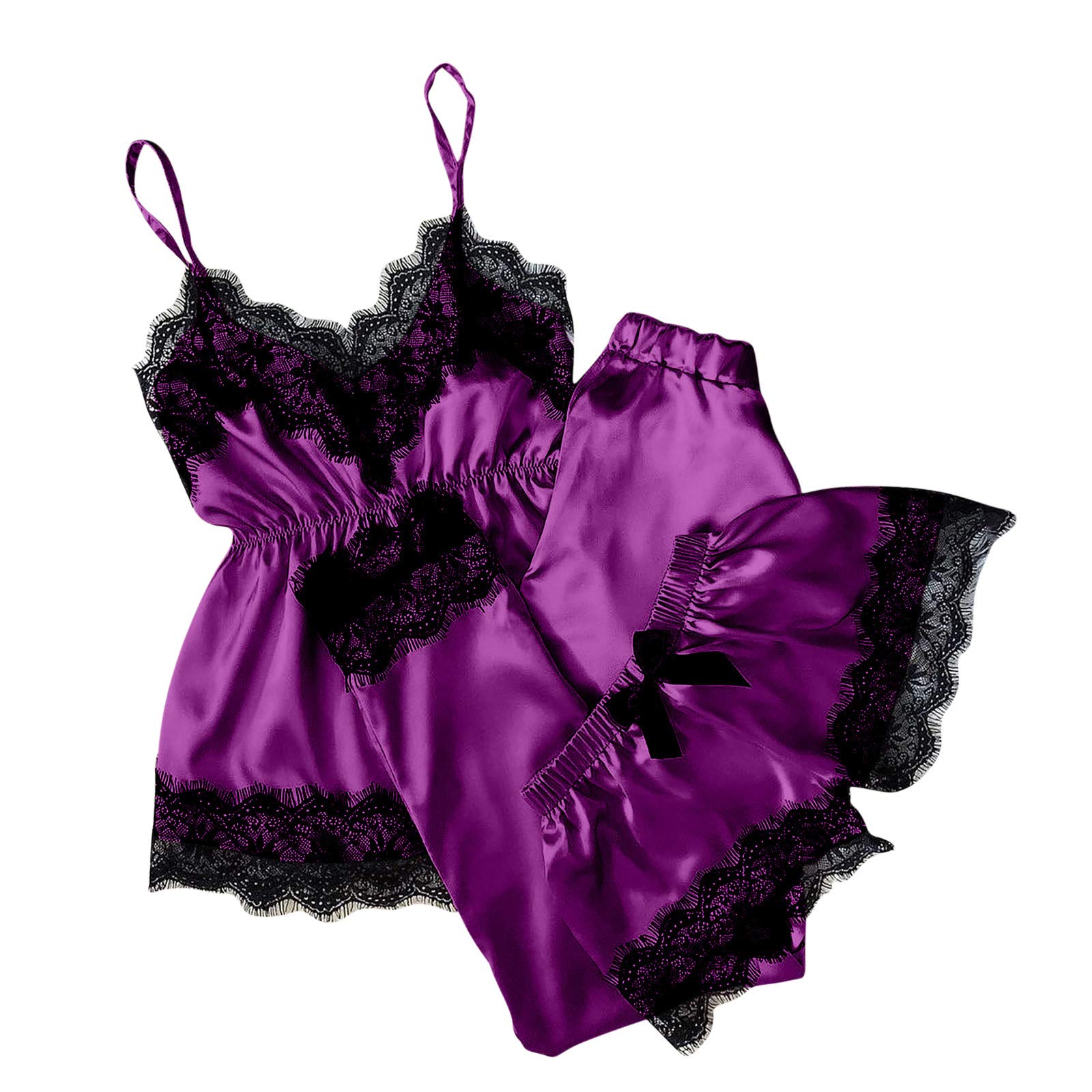 Women's Floral Lace Trim Satin Cami Pajama Set with 2 Pants - Soft Sleepwear for Comfortable Nights & Romantic Getaways