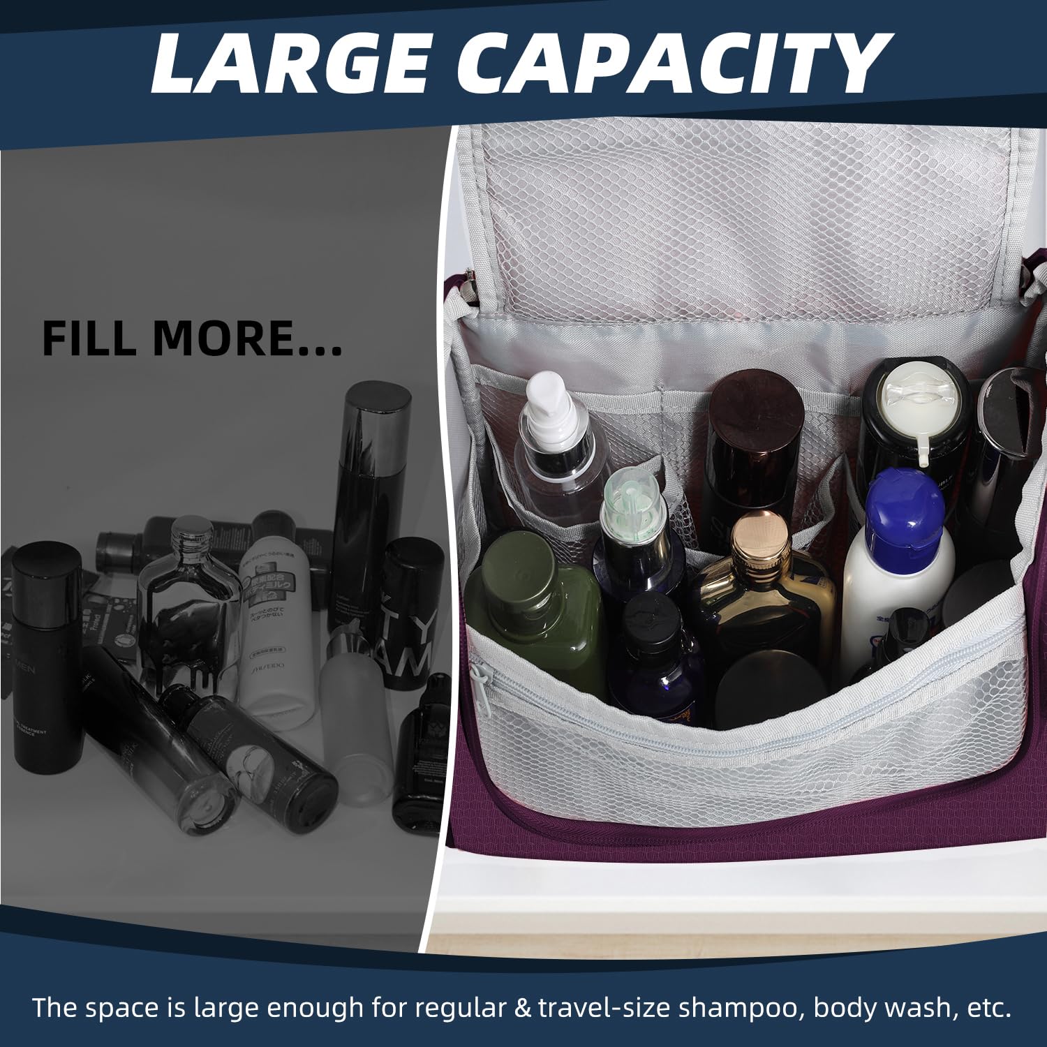 Premium Large Capacity Hanging Toiletry Bag for Women & Men - Waterproof Travel Cosmetic Organizer with Multiple Pockets for Makeup, Shaving Essentials & Full-Sized Toiletries (Purple) | Ideal for Vacation, Business Trips & Gym Use