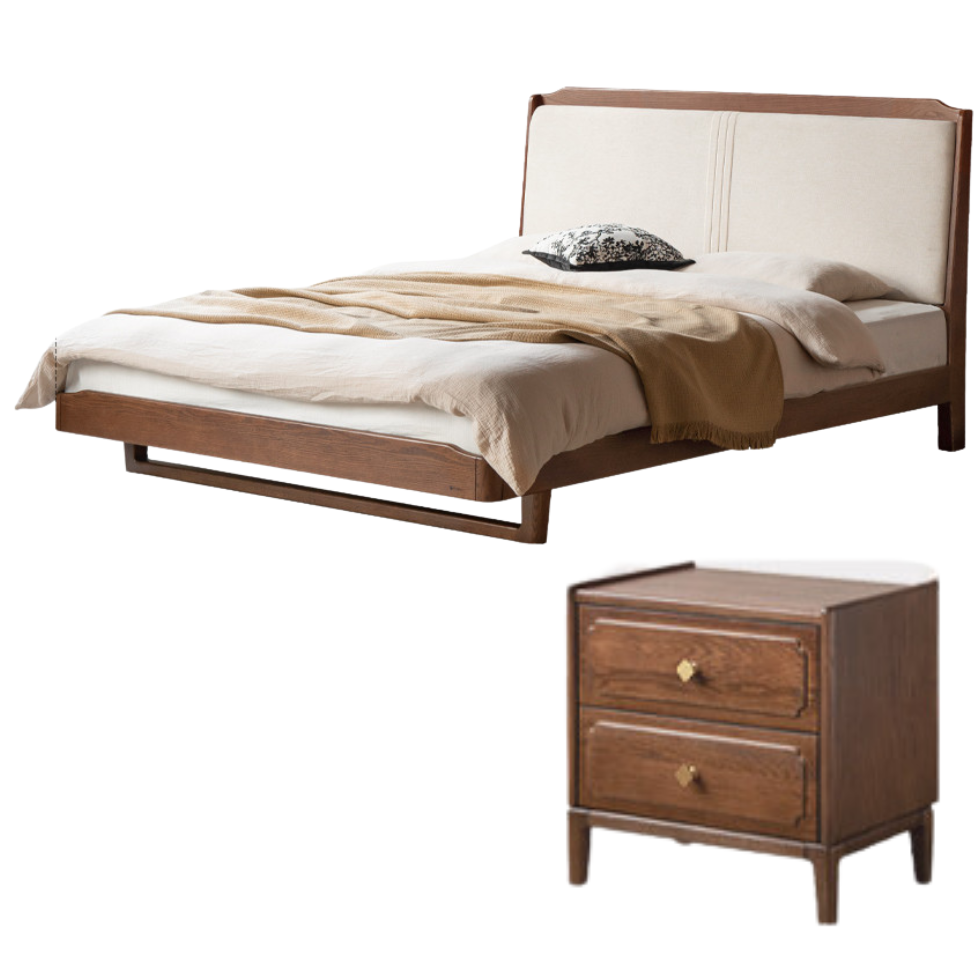 Solid Oak Wood Leather Upholstered Soft Bed - Queen Size Bed Frame with Tufted Headboard for Bedroom, Guest Room & Master Suite