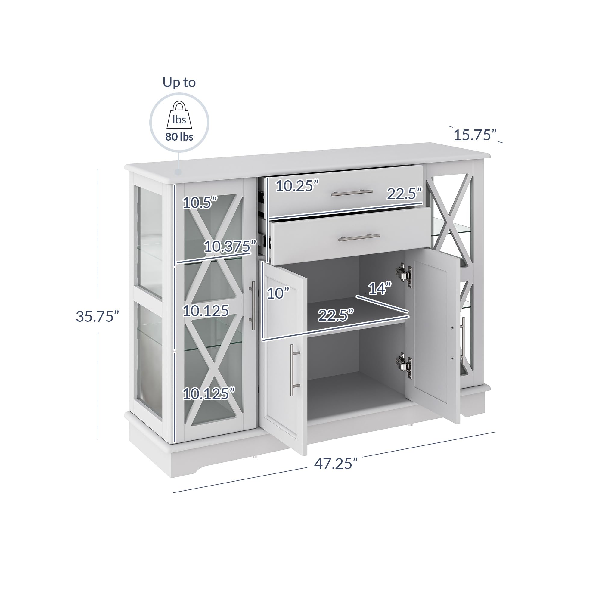 BELLEZE 47 Inch White Sideboard Buffet Cabinet - Storage Console Table, Coffee Bar, Kitchen Cupboard & Pantry Organizer with Glass Display Doors - Perfect for Living Room, Entryway & Dining Room Decor