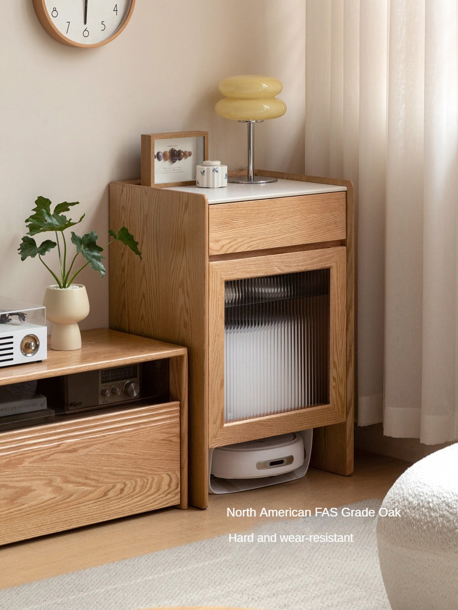 Solid Oak Wood Side Cabinet for Robot Vacuum Storage - Modern Rock Slab Design - Perfect for Living Room, Bedroom, or Home Office Organization