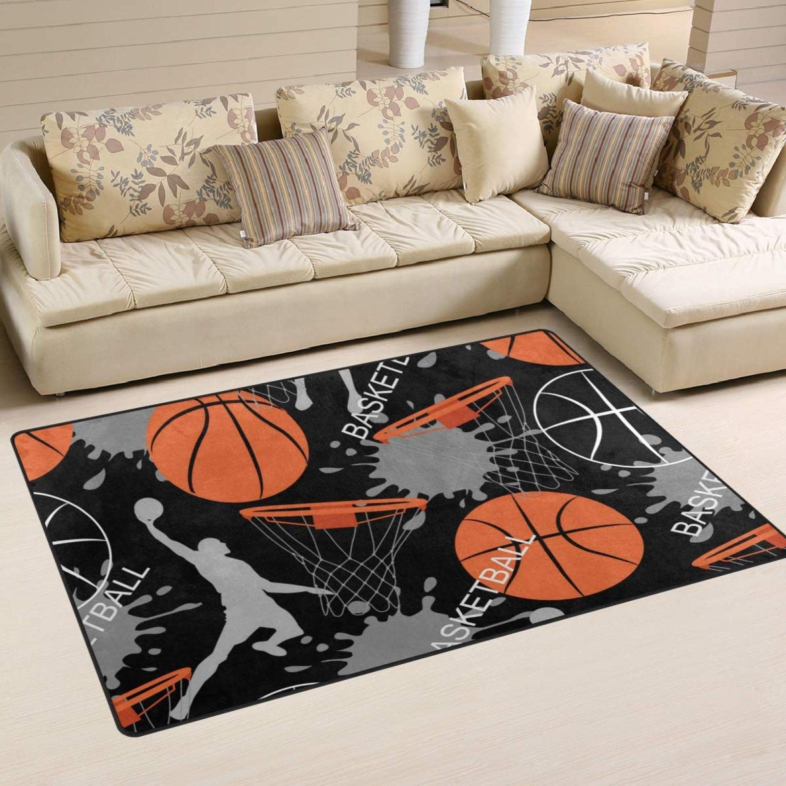 Basketball Court Area Rug - 6ft x 4ft Non-Slip Soft Washable Carpet for Kids Bedroom, Living Room & Playroom - Perfect for Sports Themed Decor, Game Room Flooring and Boys/Girls Dorm Accessories