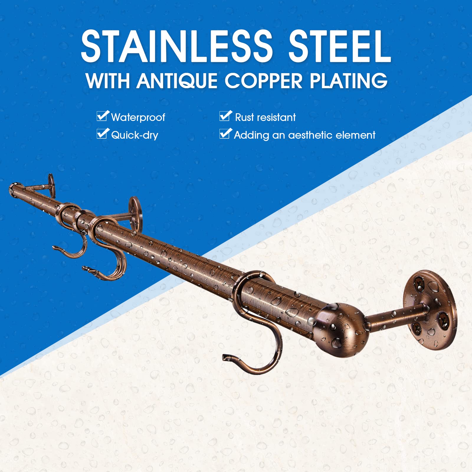 ROTHLEY 39.4 Inch Stainless Steel Wall Mounted Hanging Pot and Pan Rack with Adjustable S Hooks - Antique Copper Finish for Kitchen Organization & Space Saving Storage - Perfect for Small Kitchens, Restaurants, and Home Chefs