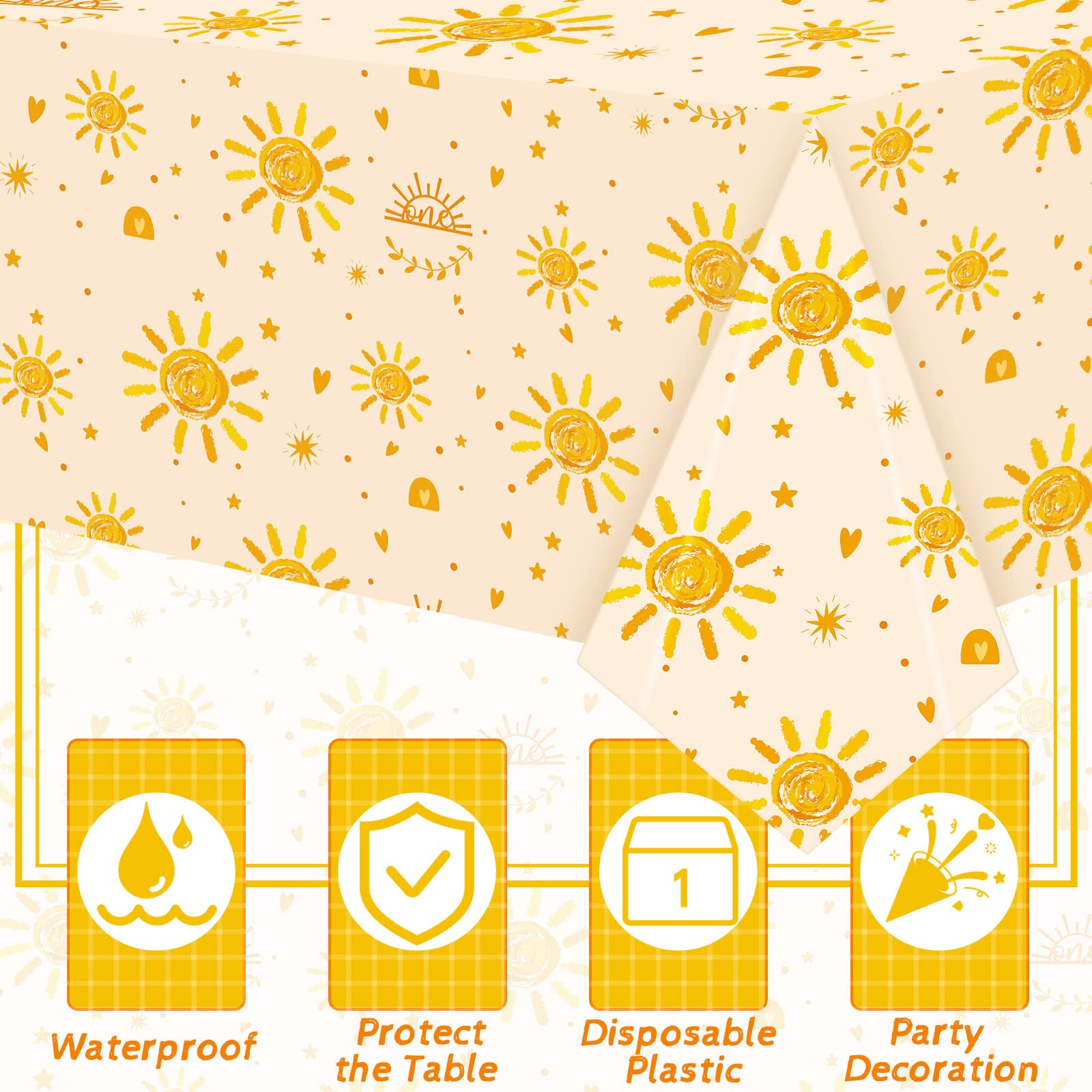 Jetec 4-Pack Boho Sun Birthday Party Tablecloths - 51.2 x 86.6 Inch Rectangular Plastic Table Covers for First Birthday, Baby Shower & Outdoor Celebrations - Sun-Themed Party Decorations Supplies