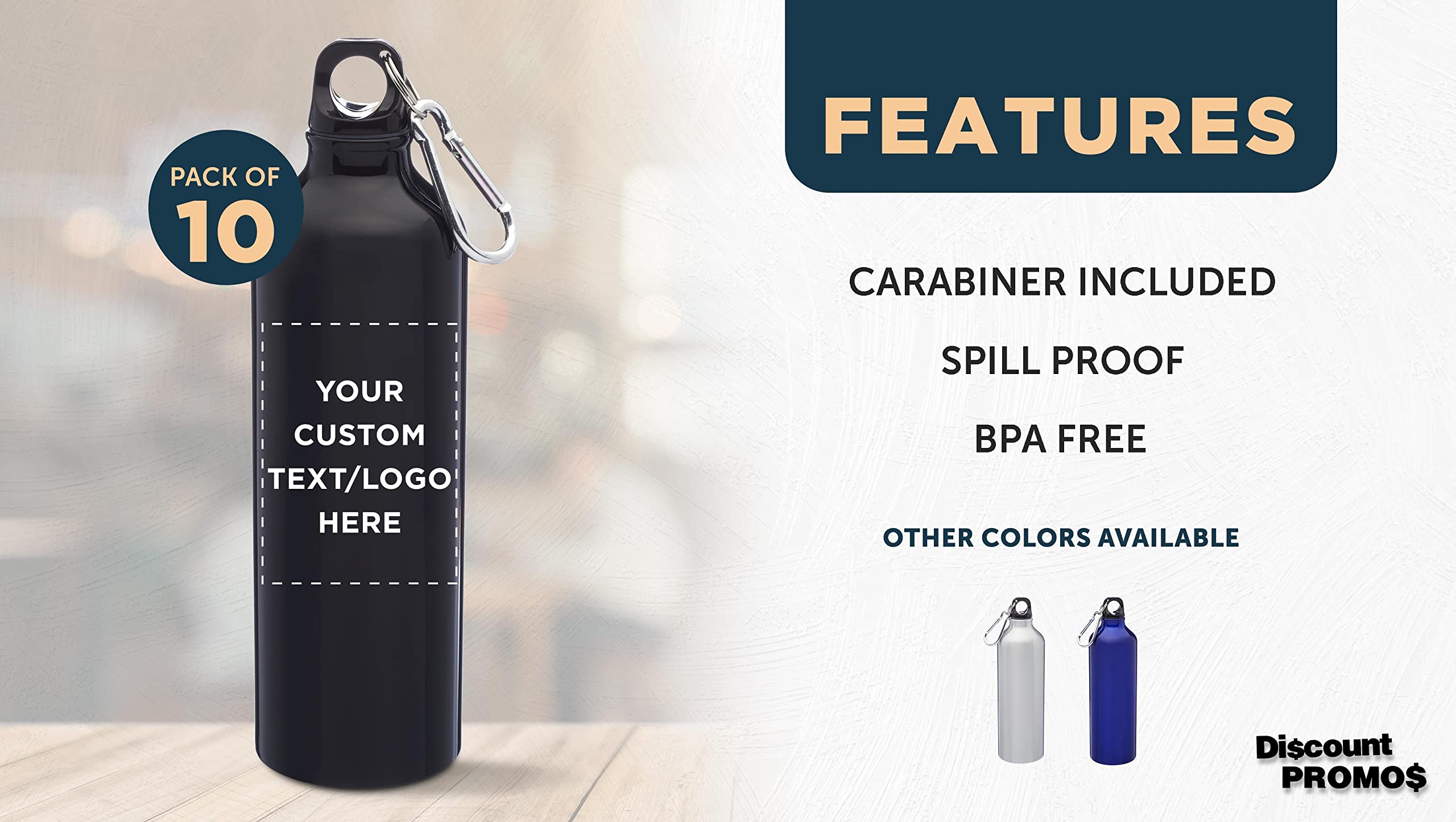 Custom 24oz Aluminum Water Bottles with Carabiner - 10 Pack Bulk Personalized Sports Bottles - Gym, Hiking, Camping, Running Accessories - Matte Black Finish - Ideal for Outdoor Activities, Team Events & Corporate Gifts