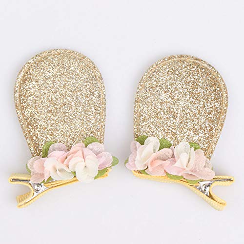 BBTDIN Baby Girls Easter Bunny Ear Headband with Flower Hair Clip - Gold Ear Accessories for Easter, Spring, Photography & Party Outfits