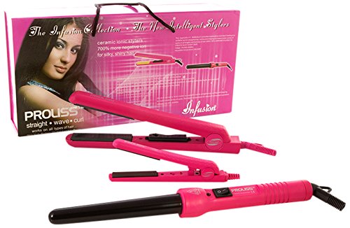 PROLISS Infusion Complete Hair Styling Gift Set - Flat Iron, Curling Iron & Mini Iron for Straightening & Styling (Pink) - Perfect for Home Use, Salon Styling & Travel