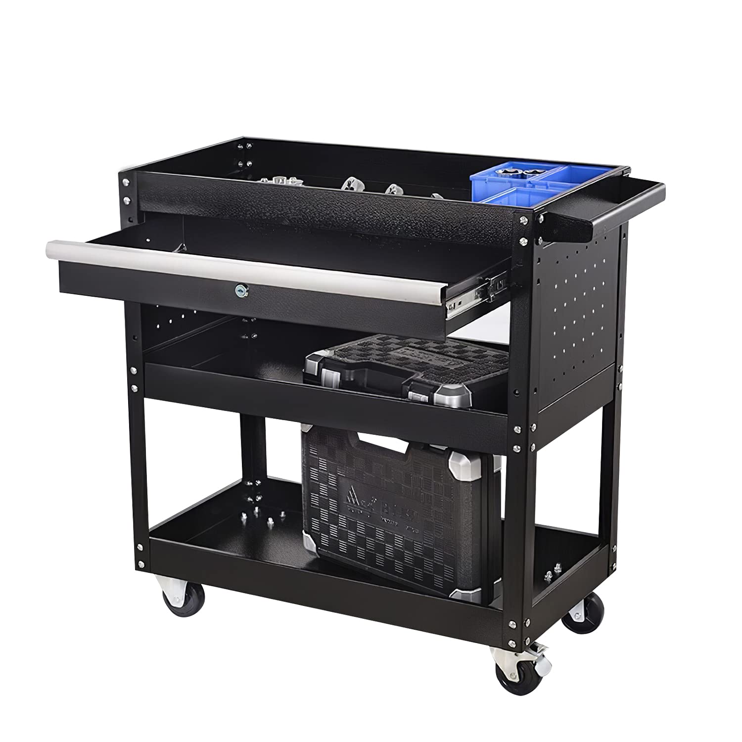 3-Tray Heavy Duty Rolling Tool Cart with Drawers - 330 LBS Capacity Mechanics Service Cart, Black Utility Organizer for Garage, Workshop & Auto Repair - Perfect for Professional Mechanics & DIY Home Projects